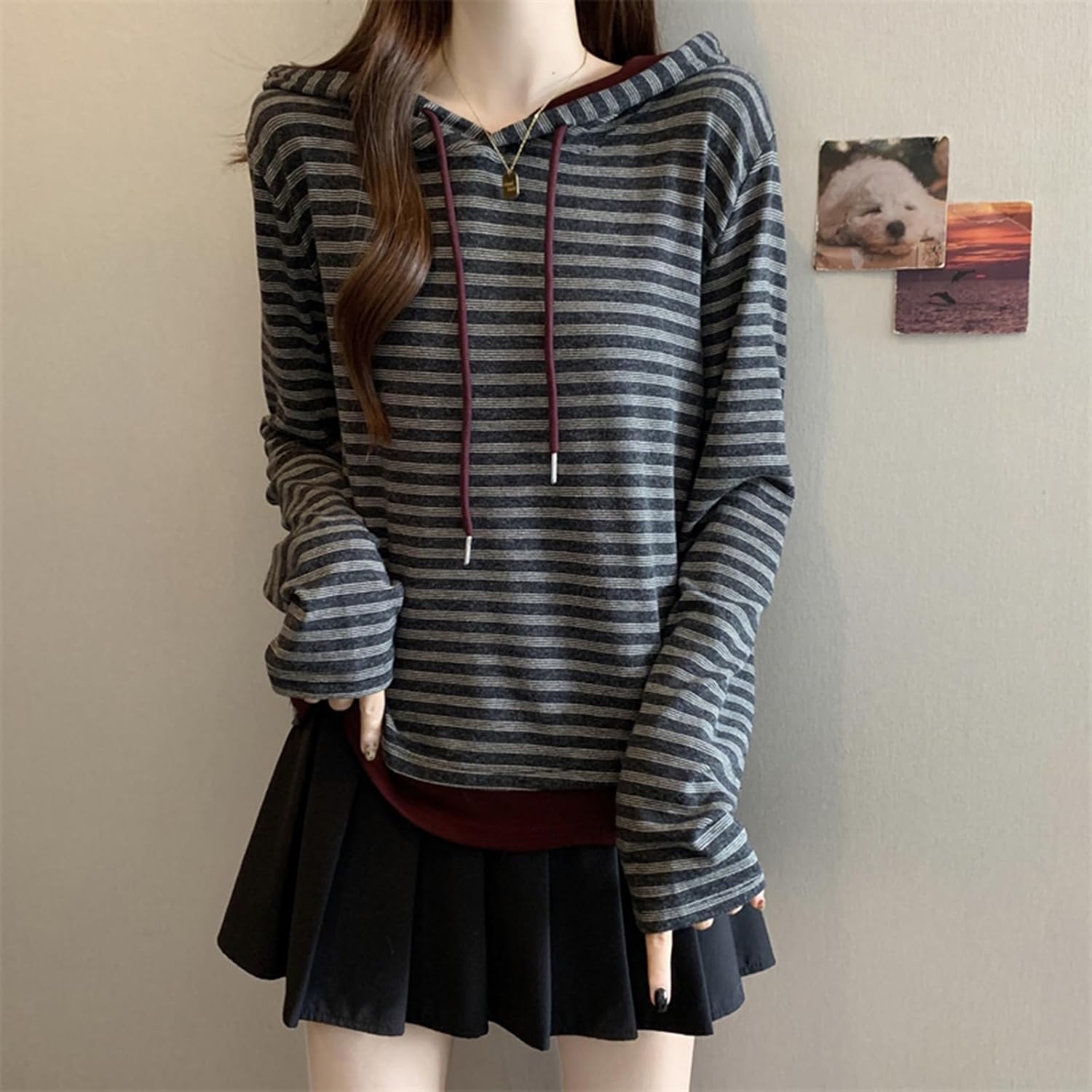 [Ｂｅｓｔｍｏｏｄ] スウェット フート付き パーカー レディース ボーダー柄 プルオーバー ゆったり オーバーサイズ トップス 春