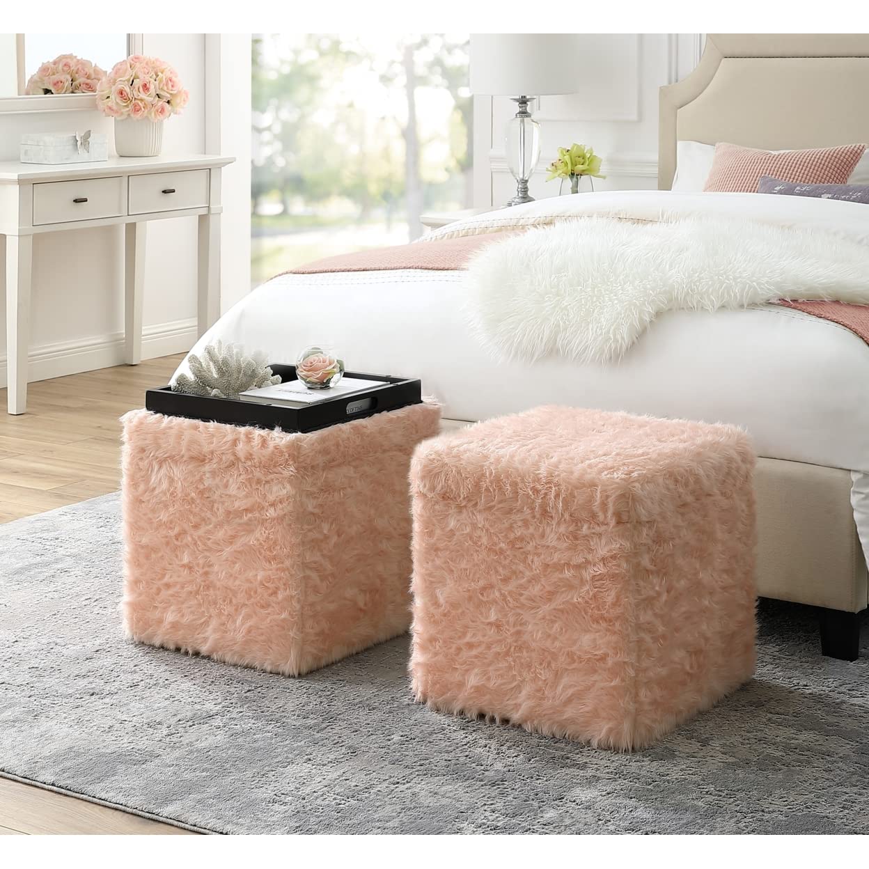 Inspired Home Blush Fur Ottoman - Design: Lily | Storage Space | Cube Shaped | Hidden Tray Top | Modern Design