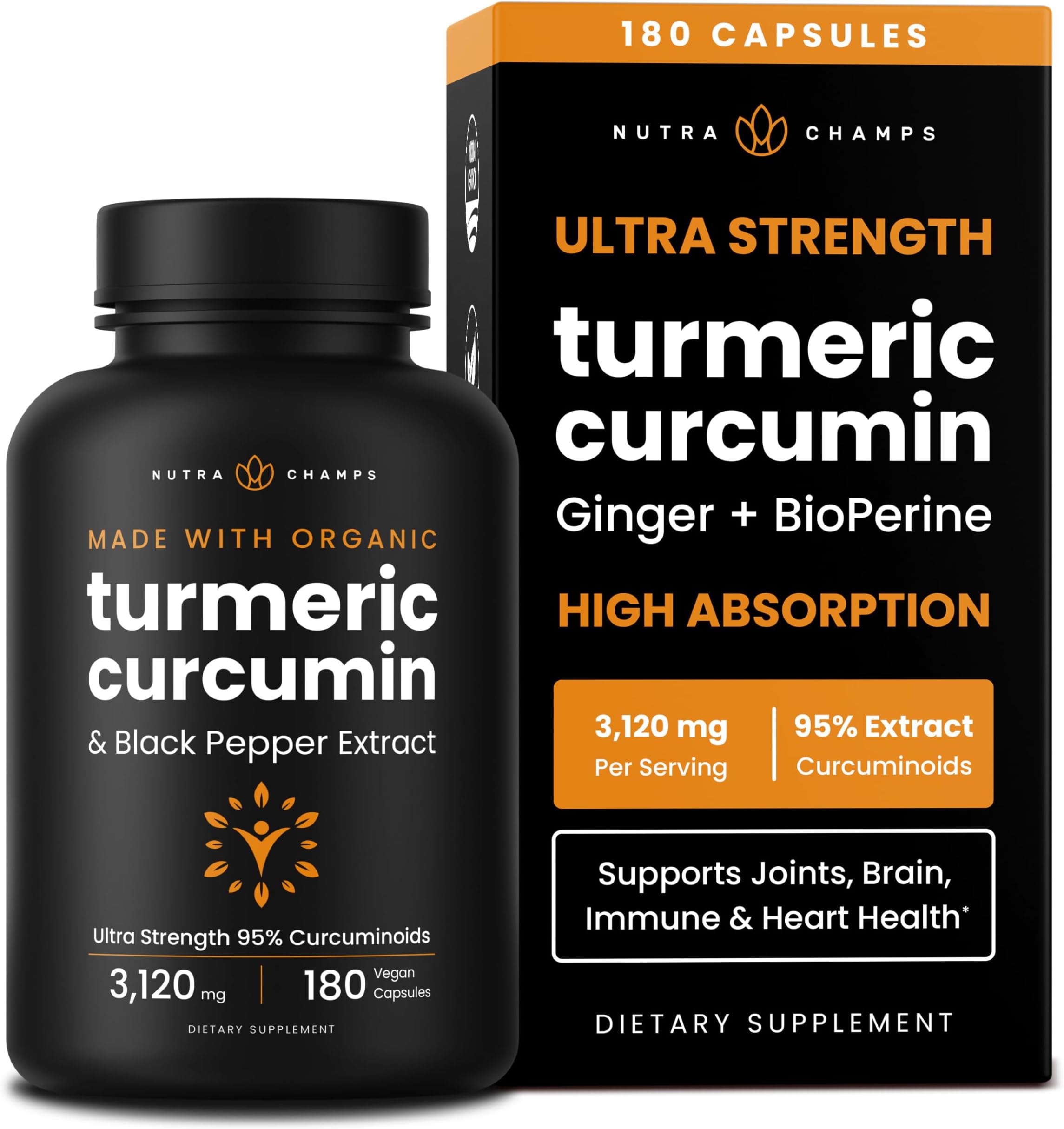 Turmeric Curcumin - 3,120 mg Complex with Ginger & Black Pepper Extract - 95% Curcuminoids - Extra Strength Turmeric Supplement for Joint Health, Brain, Heart & Immune Support - 180 Turmeric Capsules