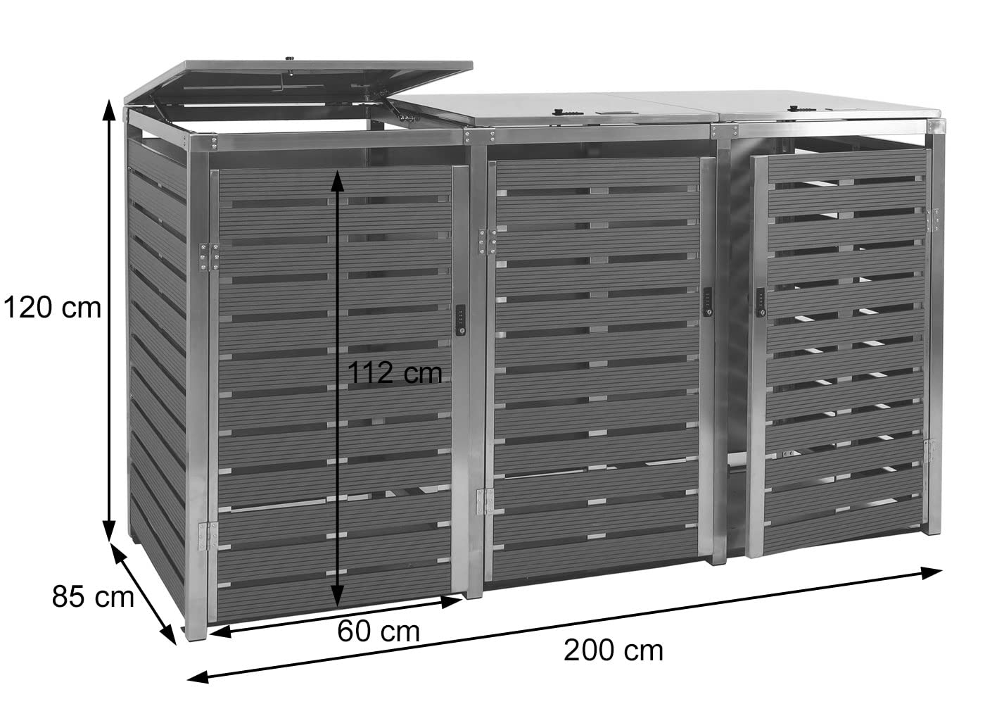 Mendler 3er Mülltonnenverkleidung HWC-K14 120x200x85cm - Walnuss-Holzoptik | Mülltonnenbox, WPC, Edelstahl, 104kg