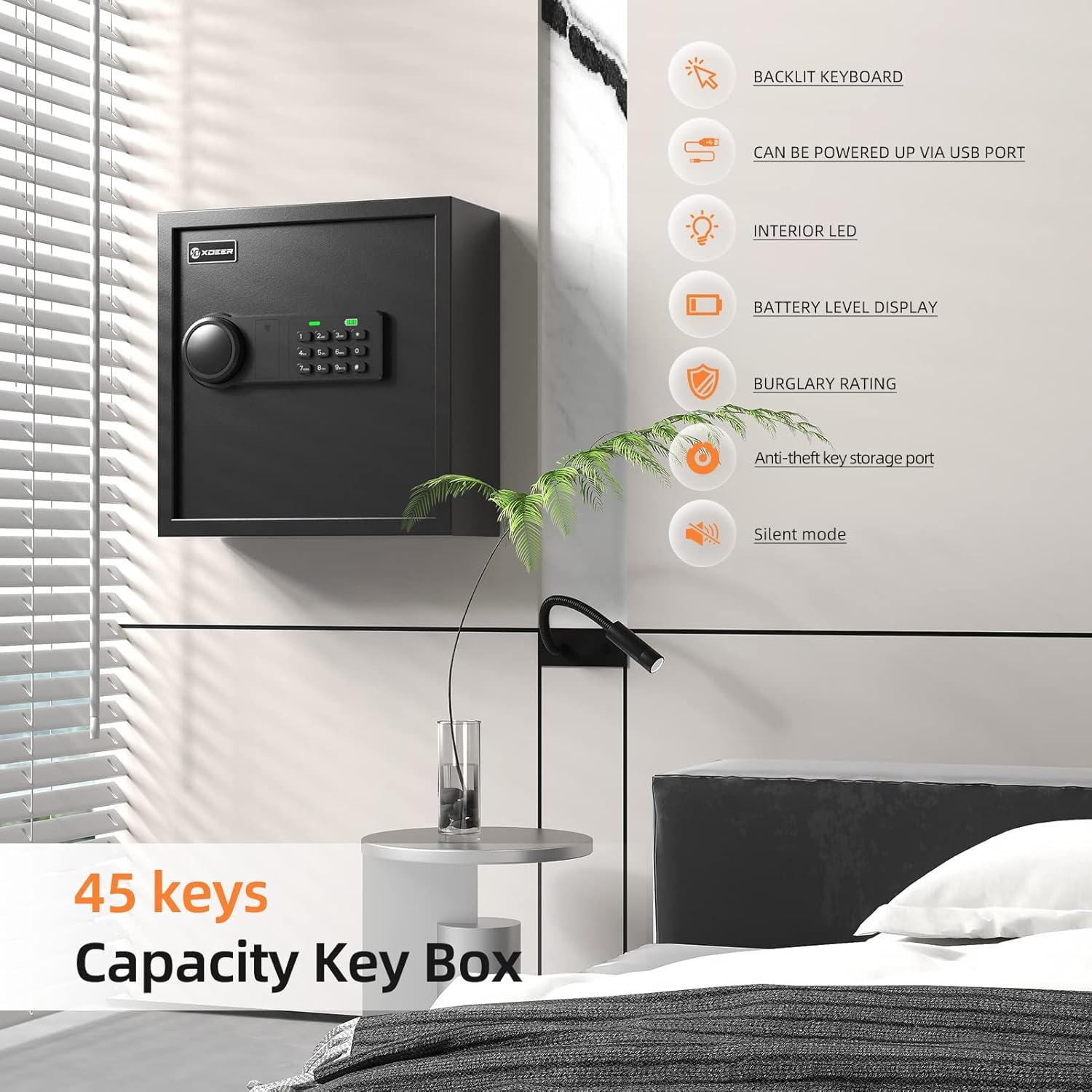XDeer 45-Key Biometric Lock Box, Wall Mount with Anti-Theft Key Slot and Combo Lock for Hotels & Offices 1PCS