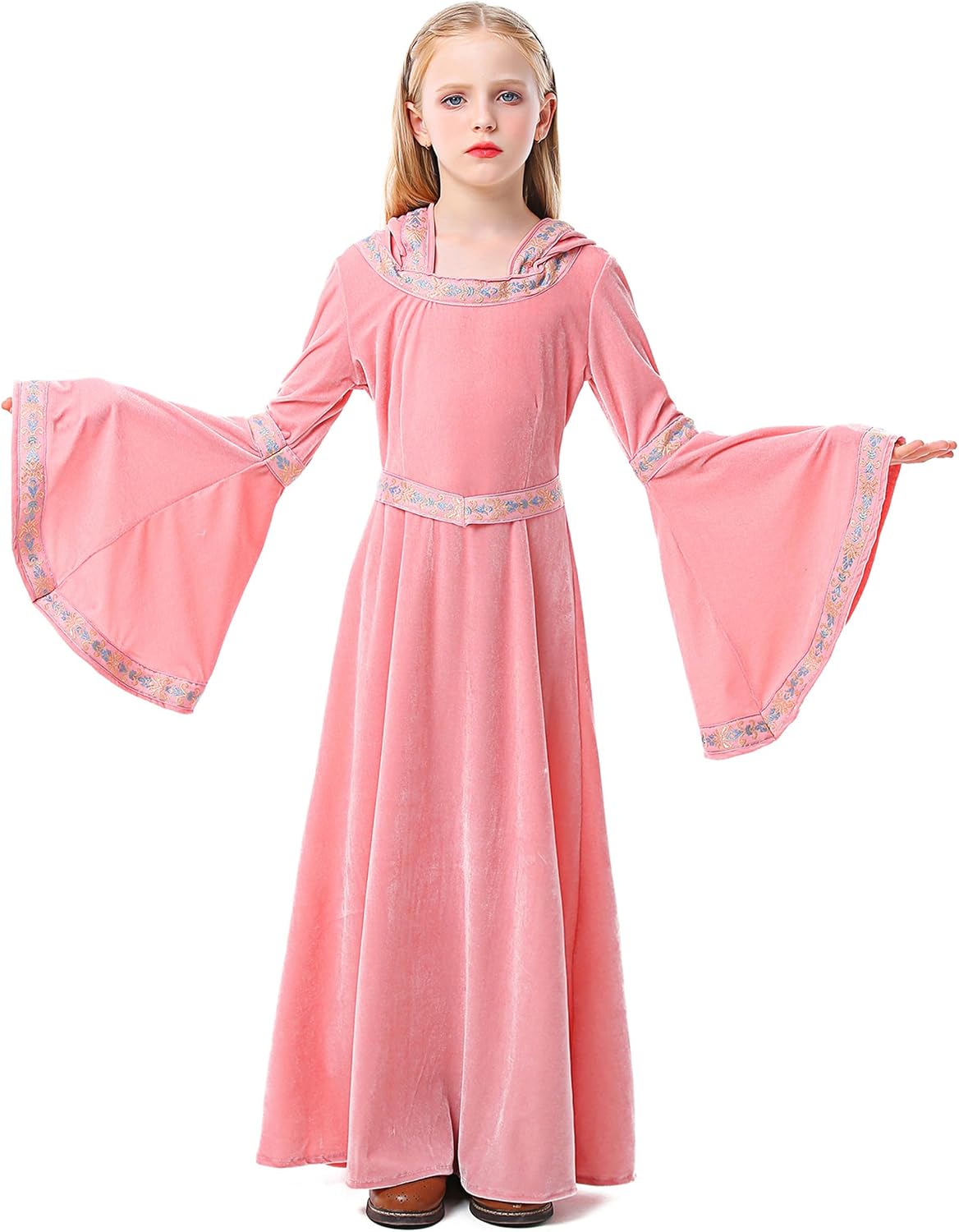 Girls Renaissance Medieval Princess Dress Vintage Bell Sleeve Gown for Halloween Fairs Roleplay Dresses for Kids