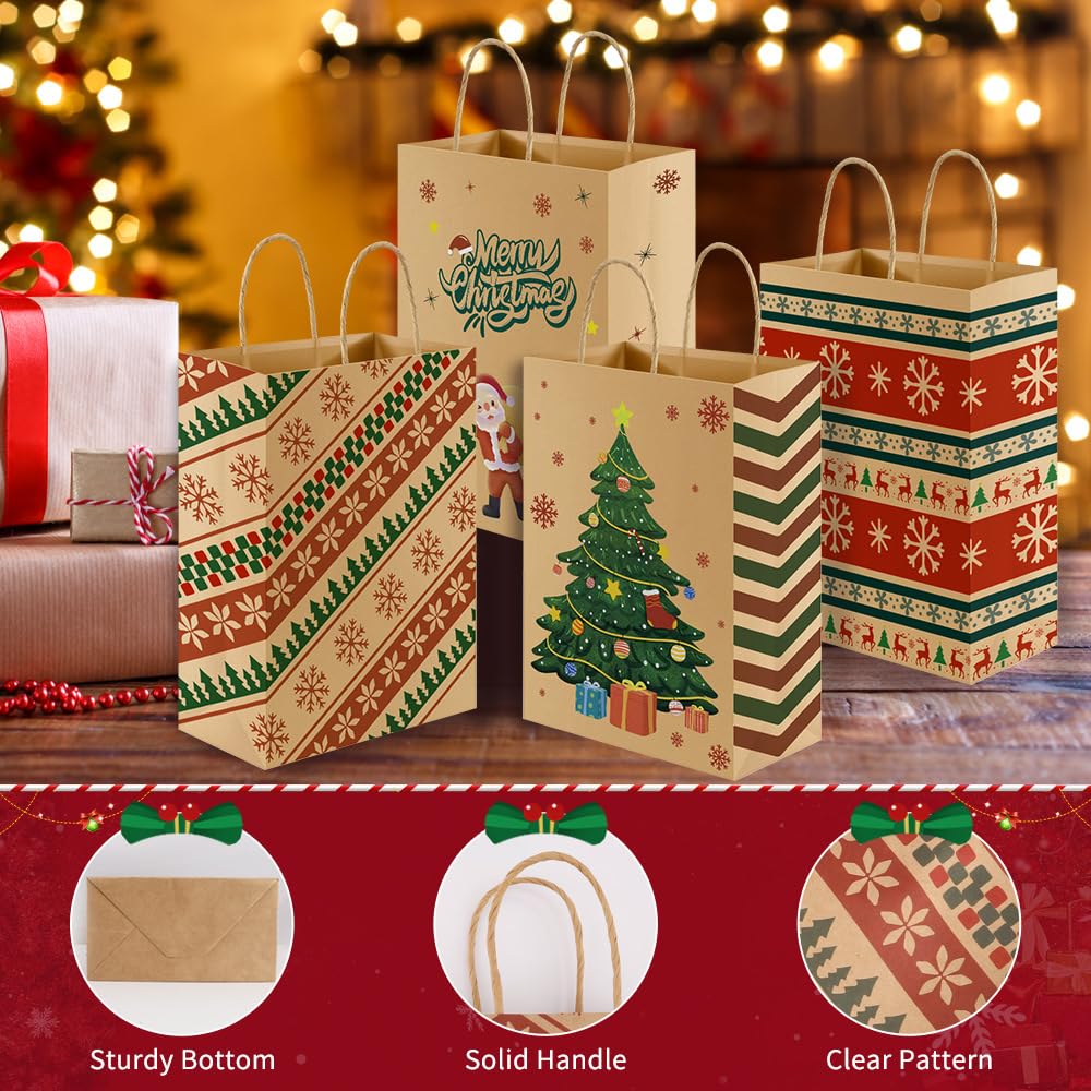 24-Pack Christmas Kraft Paper Gift Bags – Small, Red, With Tags, Reusable Bulk Set