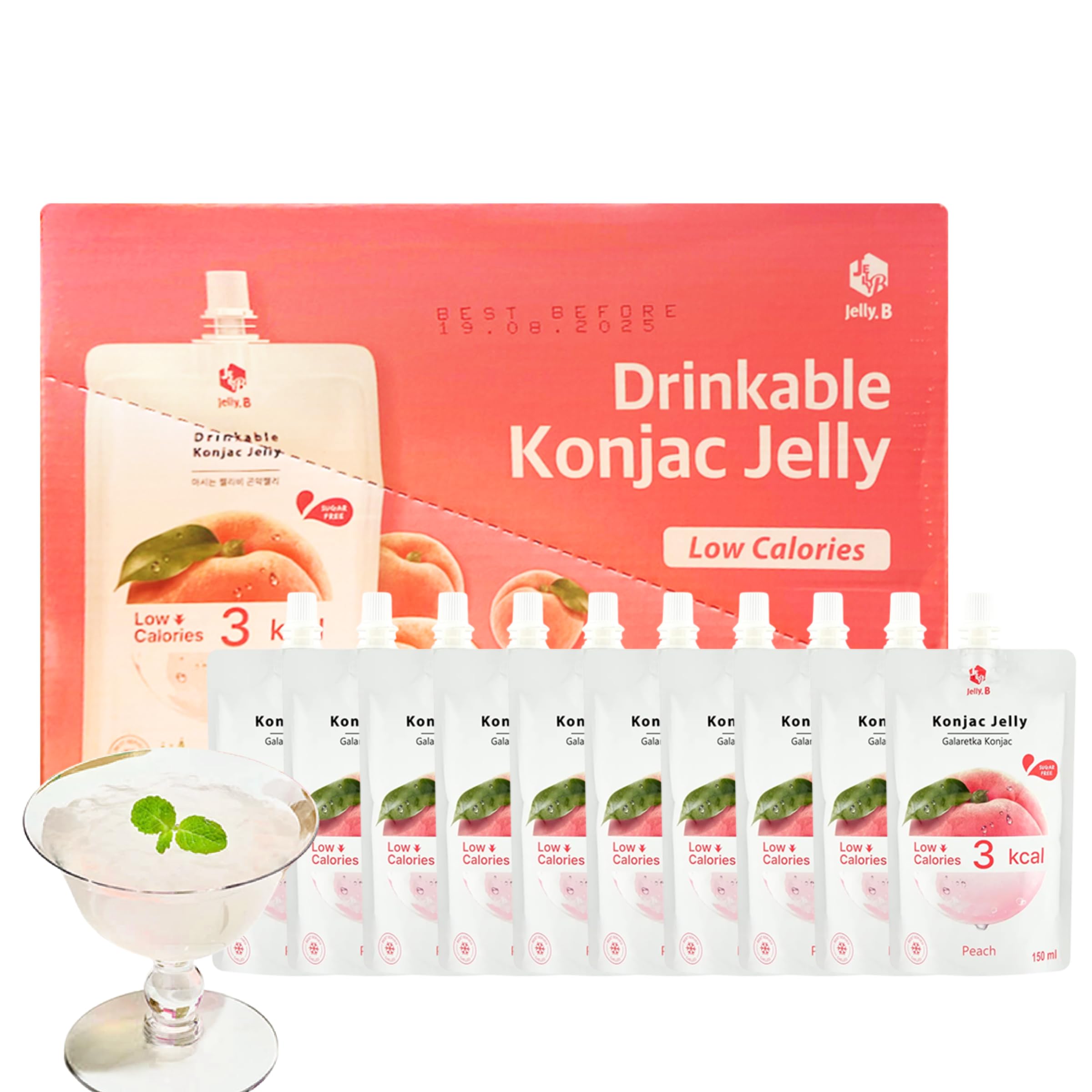 JELLY.B Trinkbares Konjac | 150g x 10er | Kalorienarm, Zuckerfrei, vegan & ballaststoffreich | Gesunder Snack für Diät, Sport & Alltag | Sättigend & Lecker (Pfirsich)
