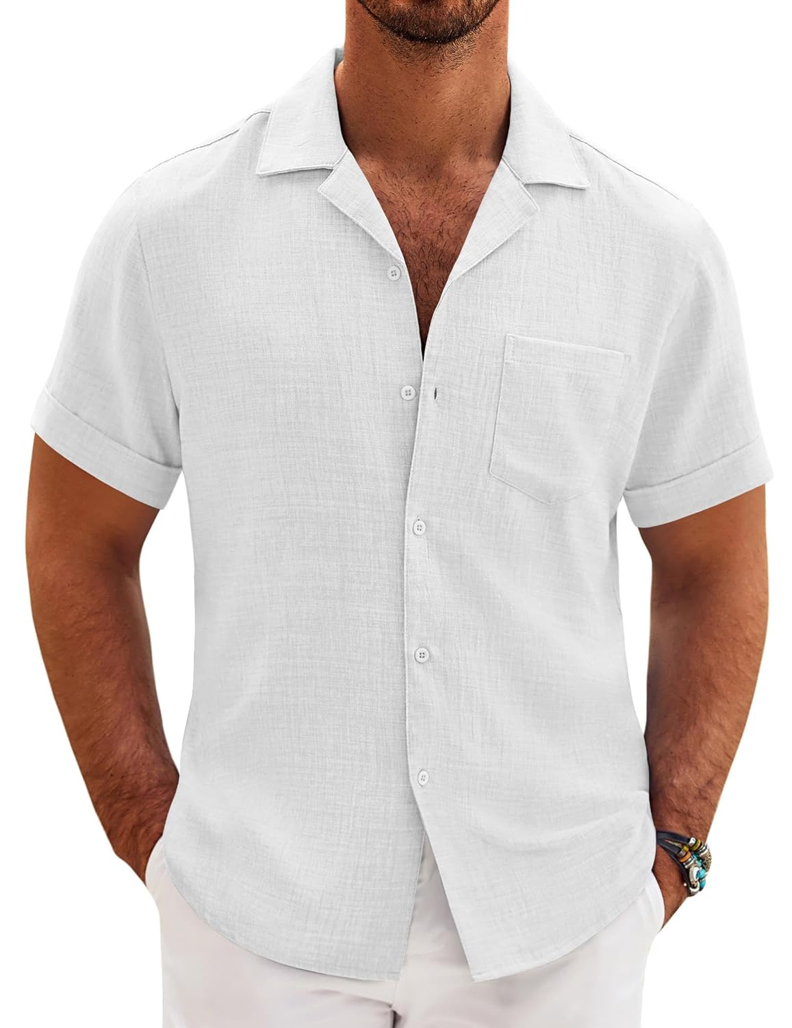 COOFANDY Mens Casual Short Sleeve Button Down Shirts Cuban Linen Textured Shirt Summer Beach Wear
