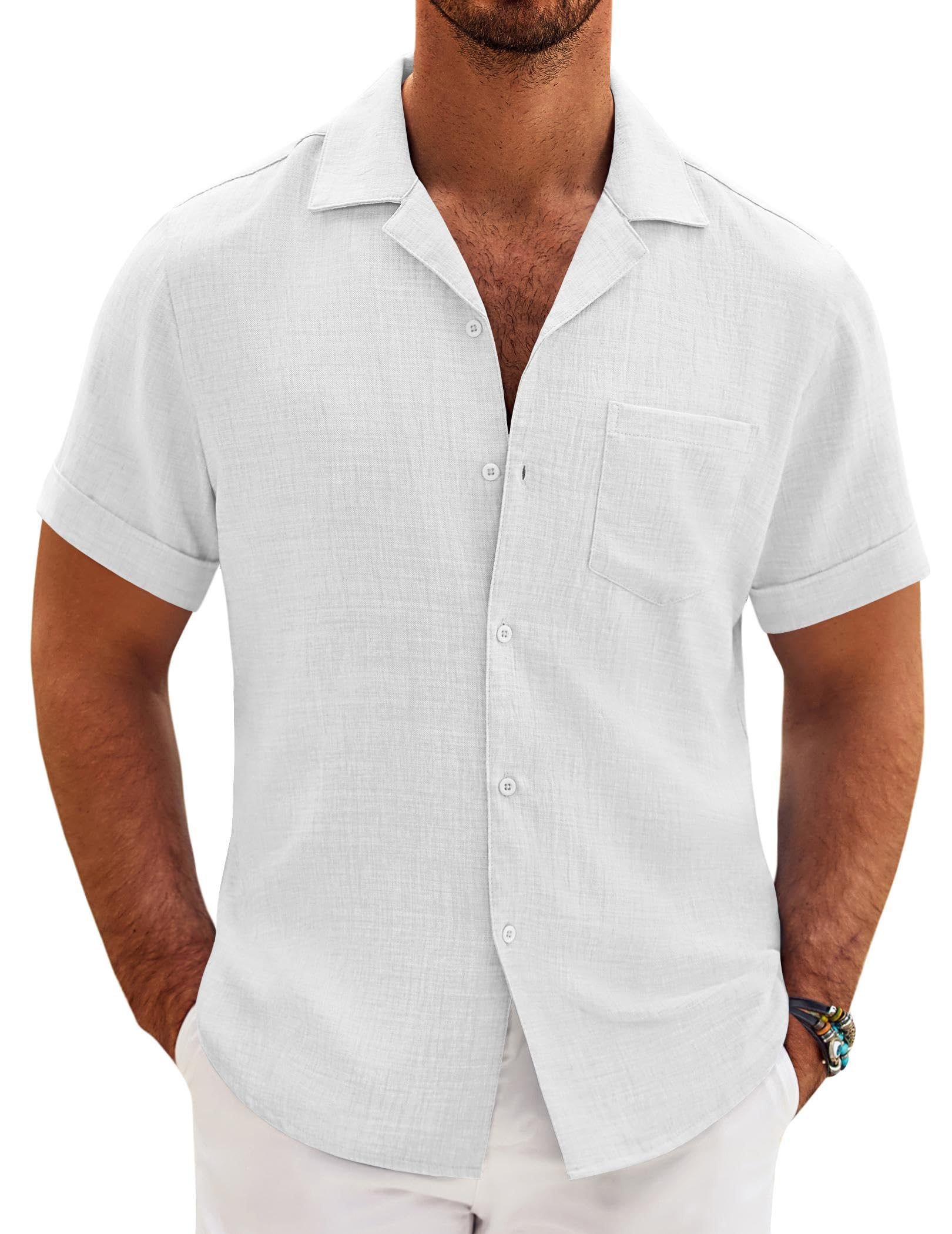 COOFANDY Mens Casual Short Sleeve Button Down Shirts Cuban Linen Textured Shirt Summer Beach Wear