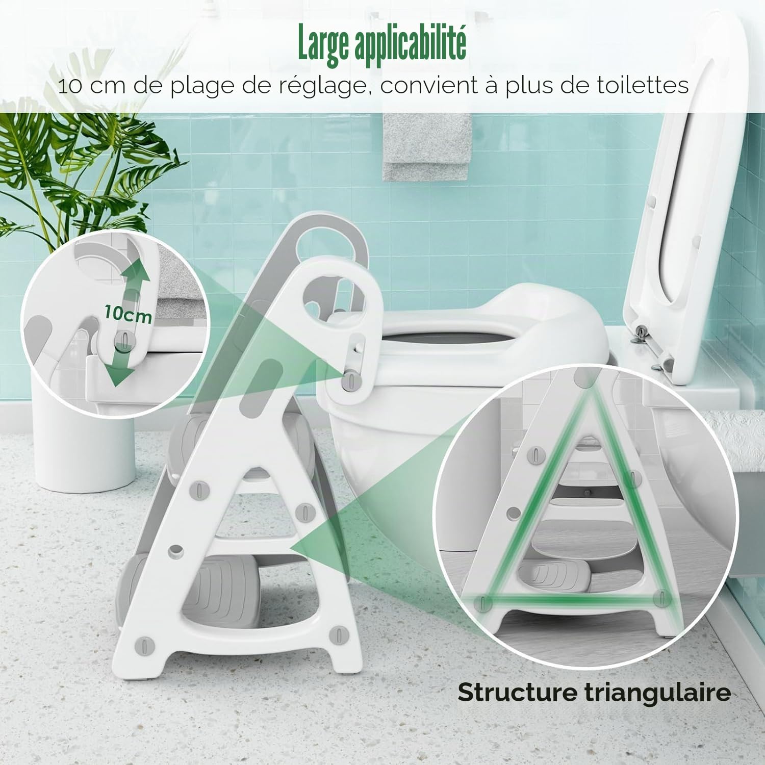 Siège de toilette pour bébé 2 en 1, avec escalier, structure triangulaire stable, marchepied pliable, avec pédale et hauteur d'assise réglables, grande pédale et poignées, doublure en polyuréthane,