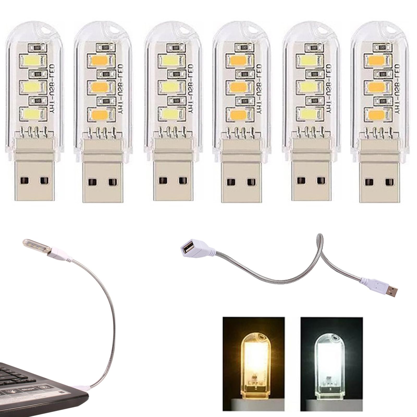 Cerioll LED do laptopa PC, lampka klawiatury komputera, mini przenośna lampa USB, lampa do komputera z 6 mieszanymi światłami LED USB (3 białe + 3 żółte)