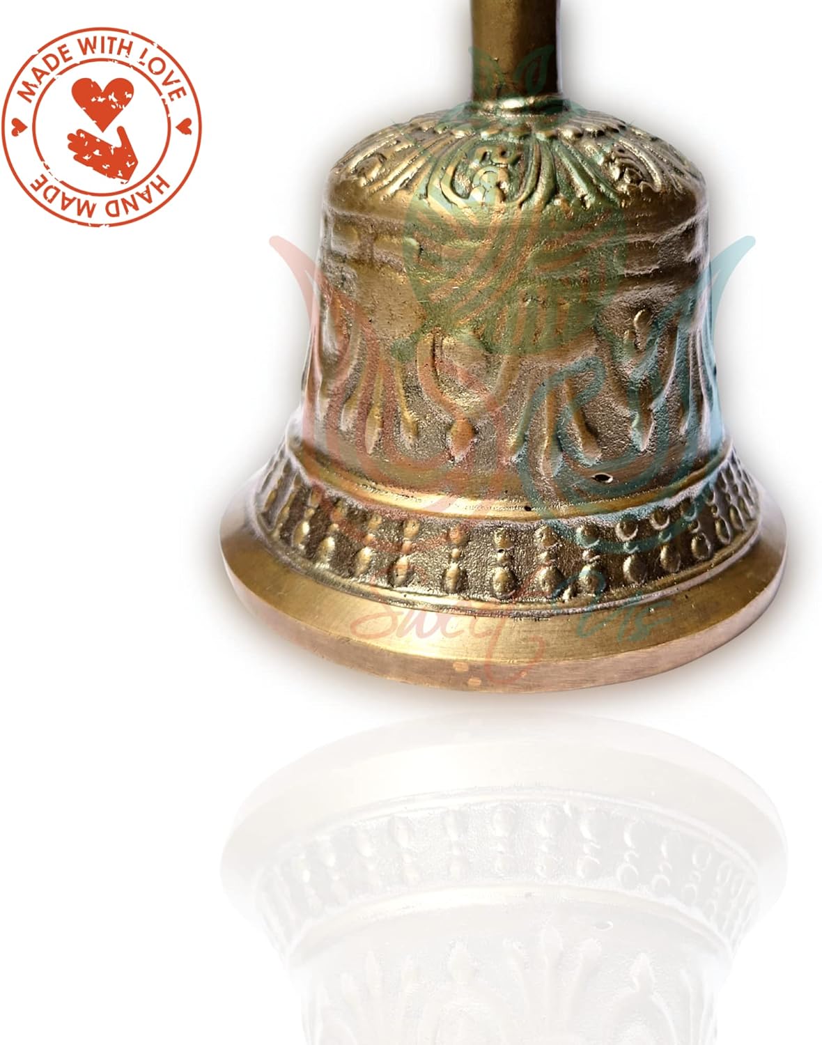 Sweet Us Solid Sturdy Antique Brass Hand Bell and Pouch Bundle, Tibetan Buddhist for Meditation, for Prayer, for Dinner, Soft Sweet Melodic Wedding Bell, Service Call, School Bell, 5-in High