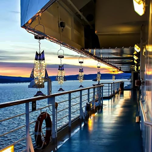 Miniatura 8 de HONGLAND Paquete de 2 faroles solares para exteriores  Decoración colgante de peces de metal  Luces LED cálidas impermeables para exteriores