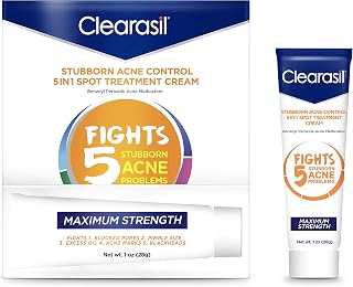 Clearasil Stubborn Acne 5-in-1 Spot Treatment Cream: 10% Benzoyl Peroxide Maximum Strength for Clear Skin