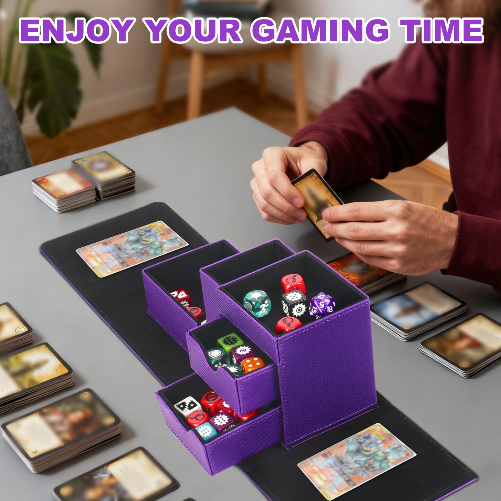 Vassoio per dadi e rullo per dadi a torre, scatola magnetica per dadi per rotolamento, 3 in 1, in pelle, organizer per dadi adatto per Dungeons & Dragons, MTG DM e Player, viola e nero