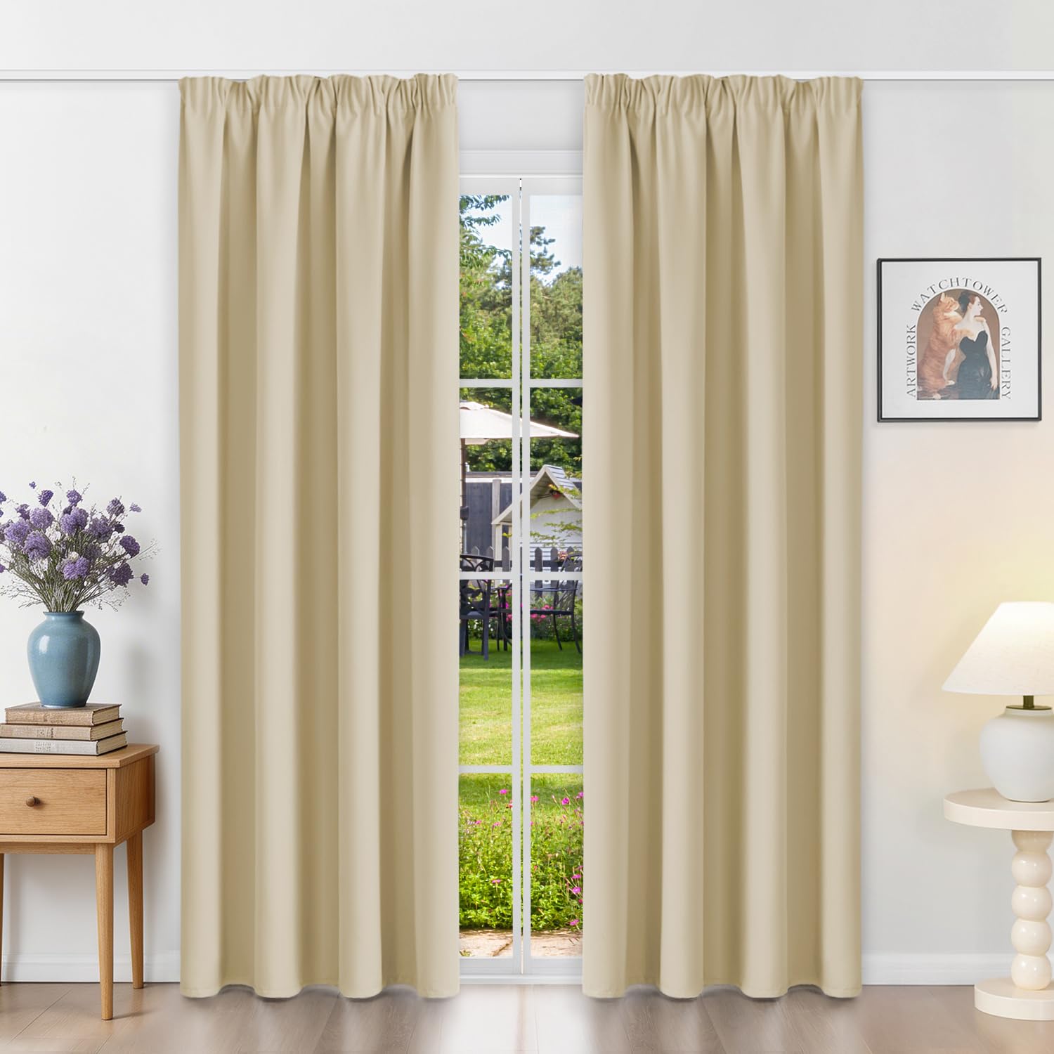 Runyéla Pencil Pleat Blackout Curtains for Bedroom Thermal Curtain 46 x 72 Inch Drop Living Room Kitchen 2 Panels Beige
