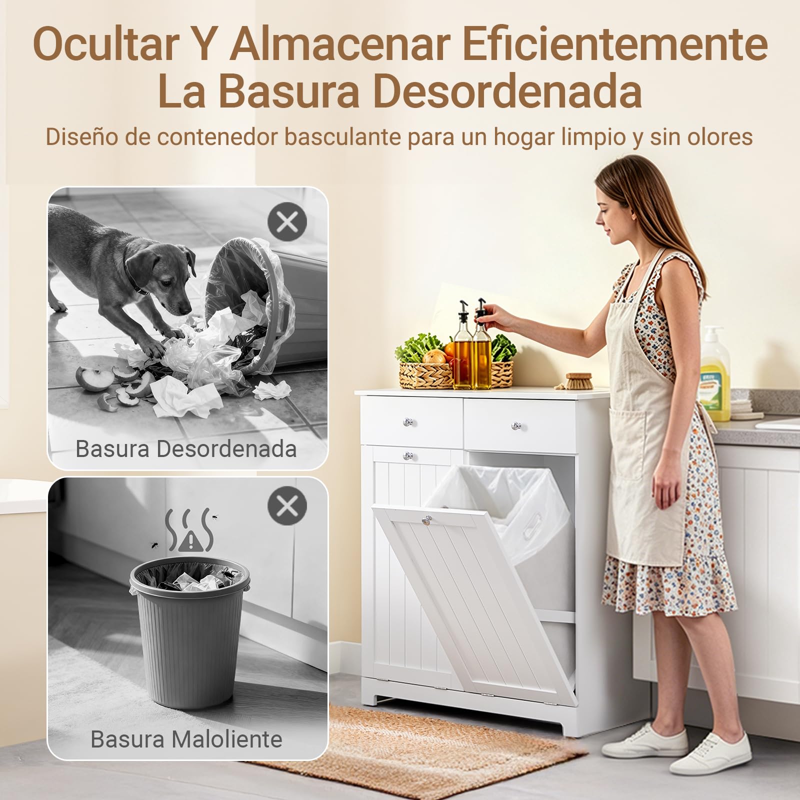 SoBuy Mueble Basura Cocina con Cubo de Basura Integrado, Organizador de Reciclaje con 2 Cajones y 2 Bolsas de 45L Mueble Auxiliar Cocina con Cierre Silencioso, Blanco 78x38x90 cm BZR33-II-W | Mueble de cocina MDF E1 para clasificación de residuos con 2 ca