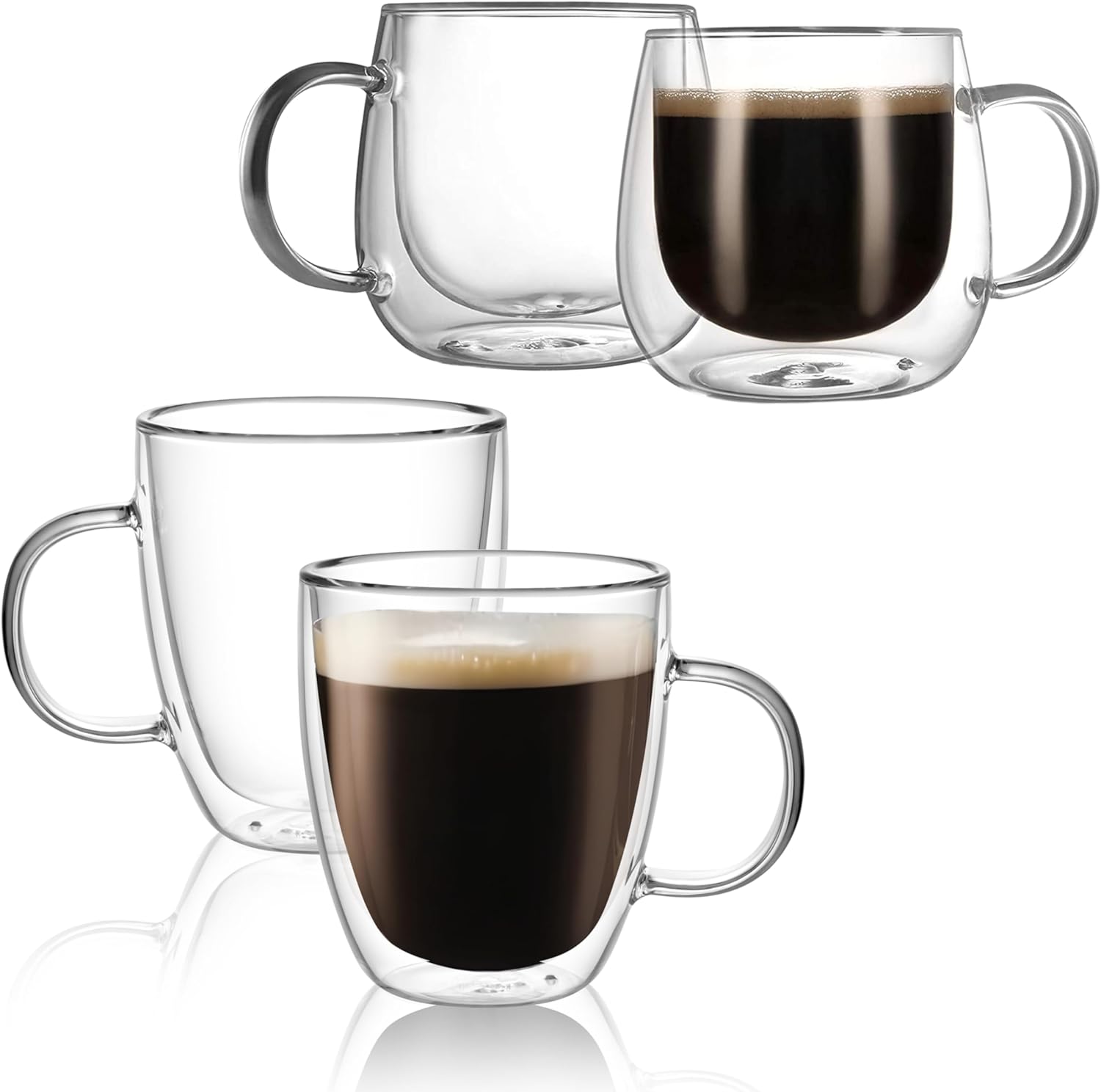 CNGLASS 17oz(2-pack) Double Wall Glass Cappuccino Mugs and 10oz(2-pack) Glass Coffee Mugs
