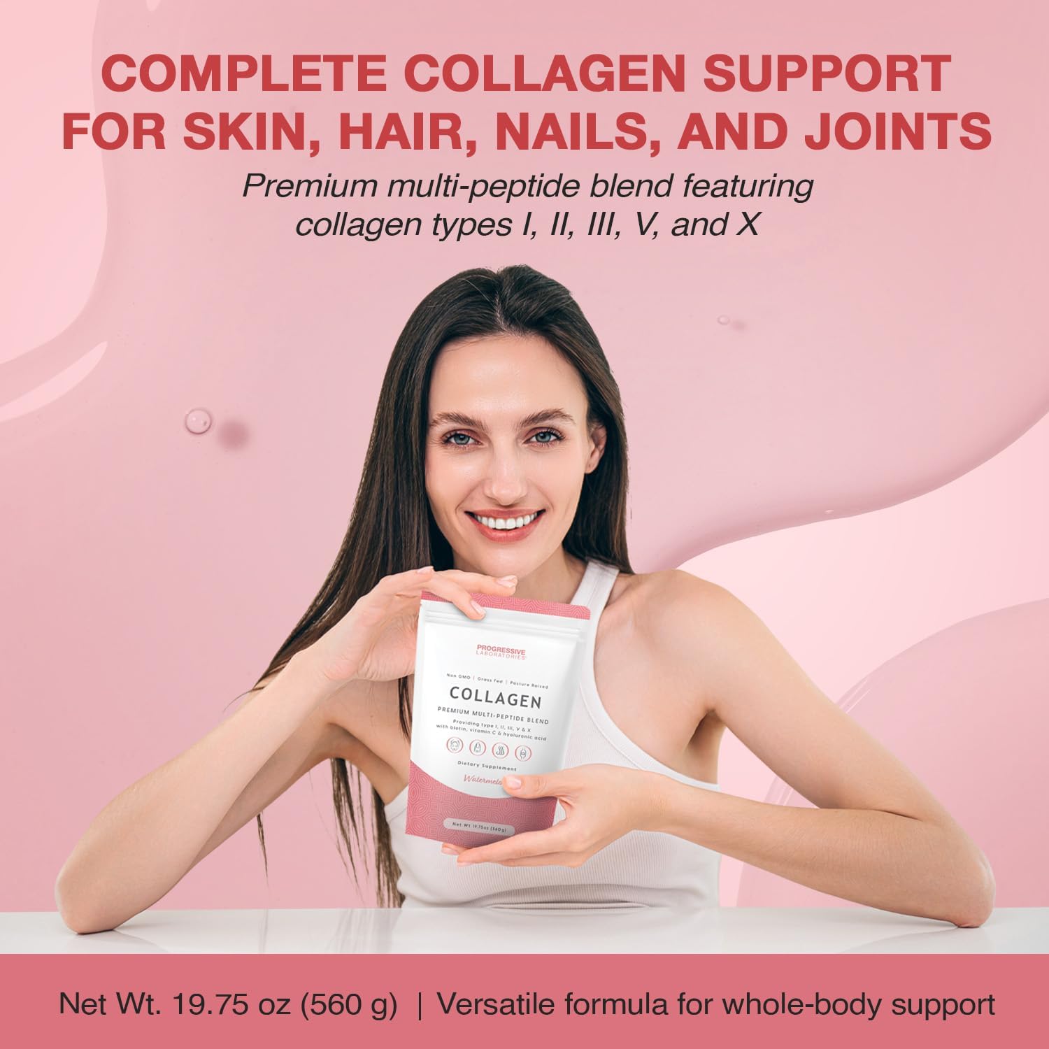 Multi-Type Collagen Powder (Watermelon) – Types I, II, III, V & X for Skin, Hair, Nail & Joint Support – Multi Collagen Supplement With Biotin, Vitamin C & Hyaluronic Acid – Grass-Fed, Non-GMO