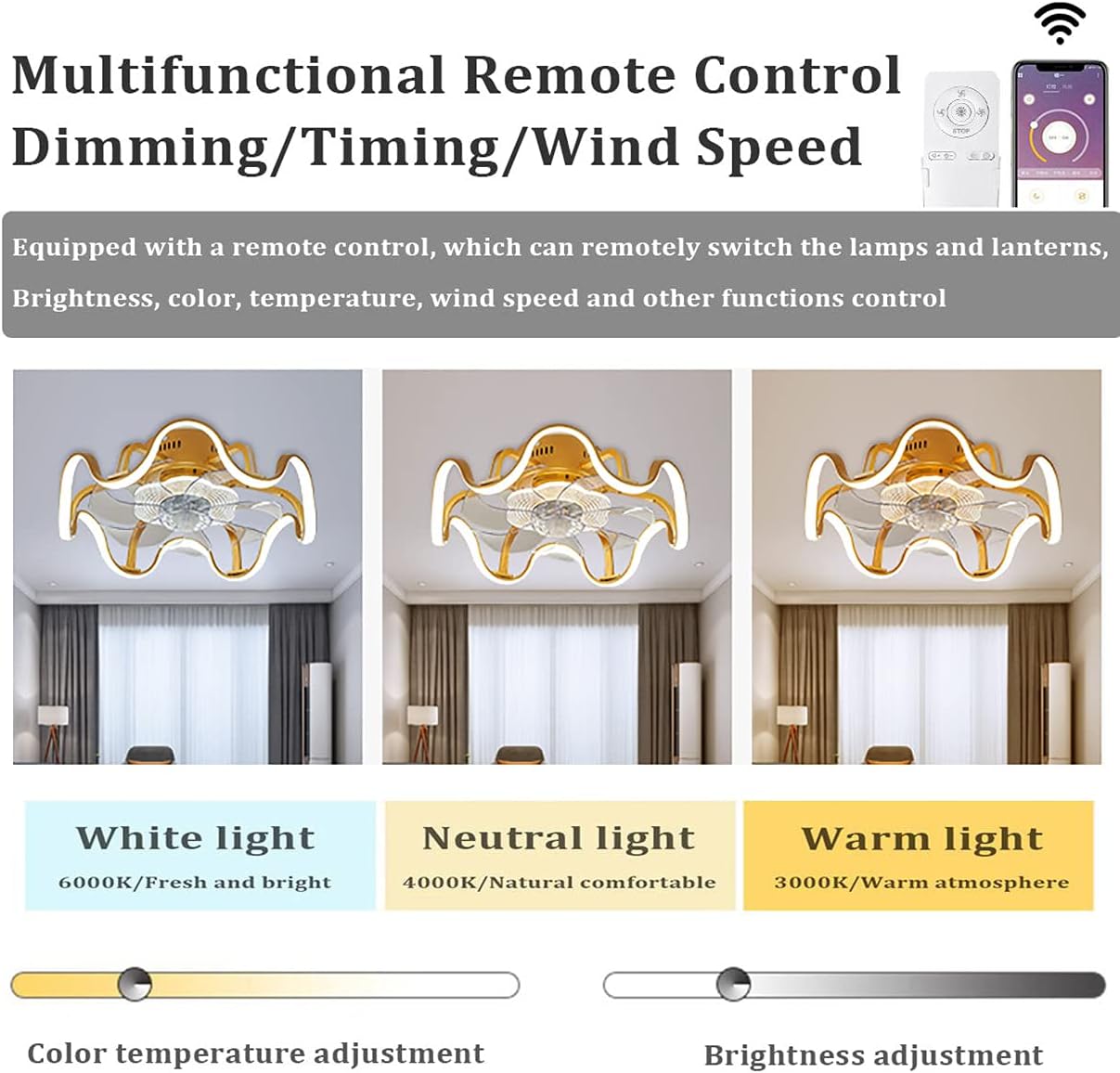 YUEGOO Fan with Ceiling Light,and Remote Control 3 Speeds Bedroom Dimmable Fan Ceiling Light with Timer Modern Living Room Quiet Ceiling Fan Light