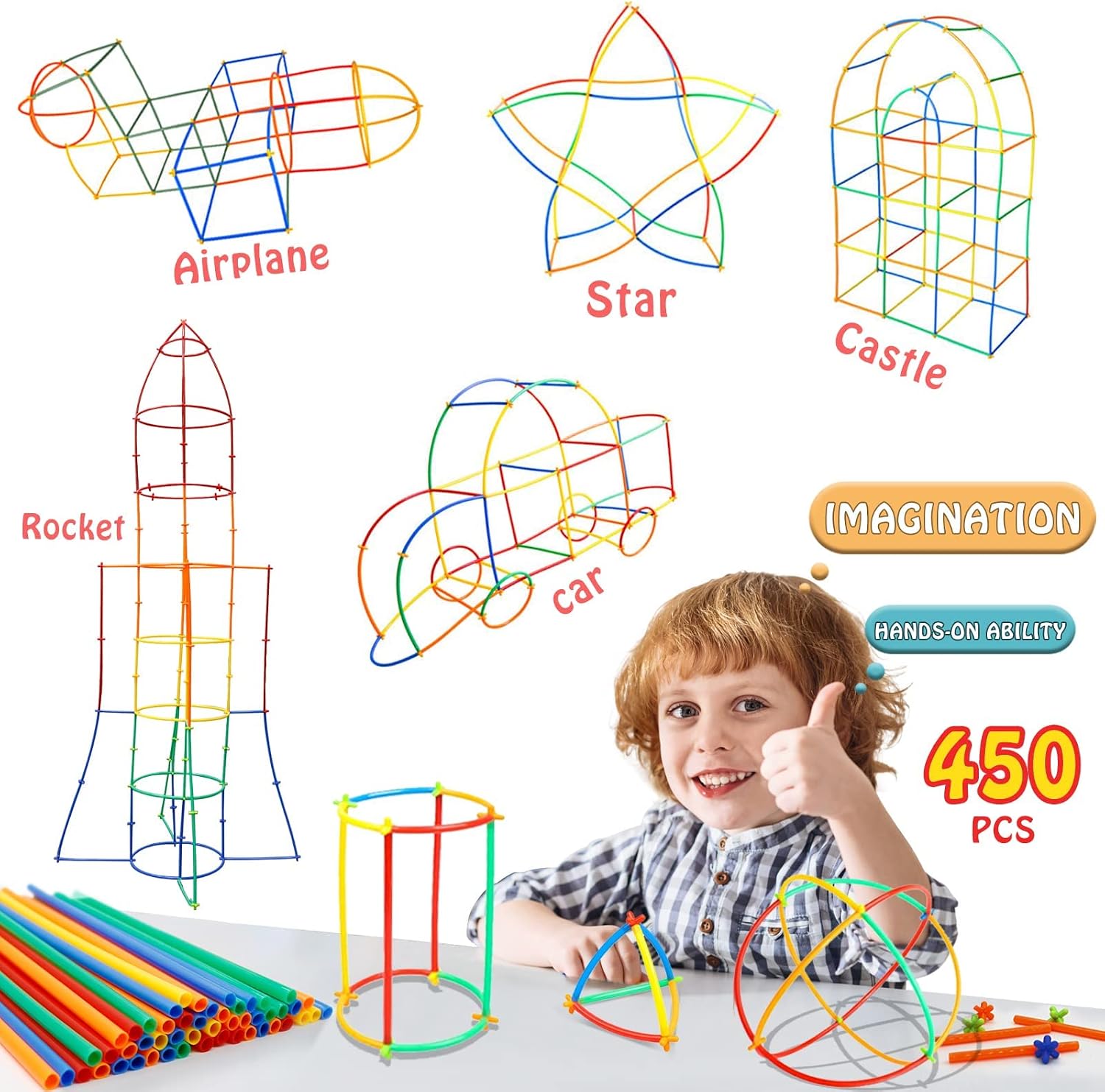 Creative Straw Toys 450Pcs STEM Building Toys Aged for 3 4 5 6 7+ Preschool Kids Constructor Toy Thin Tube Toy DIY Educational Toy Interlocking Plastic Engineering Toys Kit for Boys and Girls Gift
