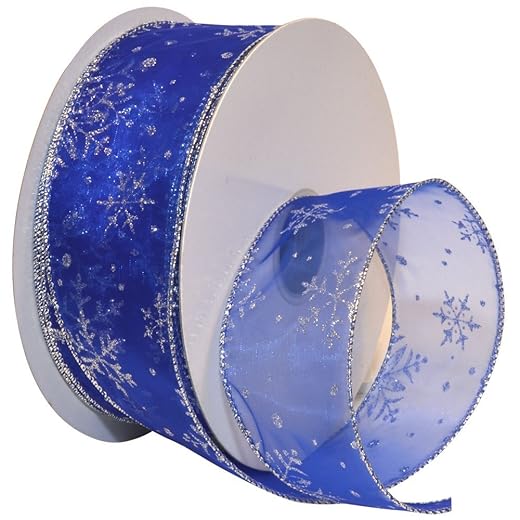 Morex Ribbon 7405.60/50-614 Snowflake 2.5" X 50 YD Nylon Sheer Wired Glitter Ribbon, Royal Blue/Silver, Ribbon Art Supplies for Christmas Decorations, Indoor Christmas Ribbon for Gift Wrapping Art Set