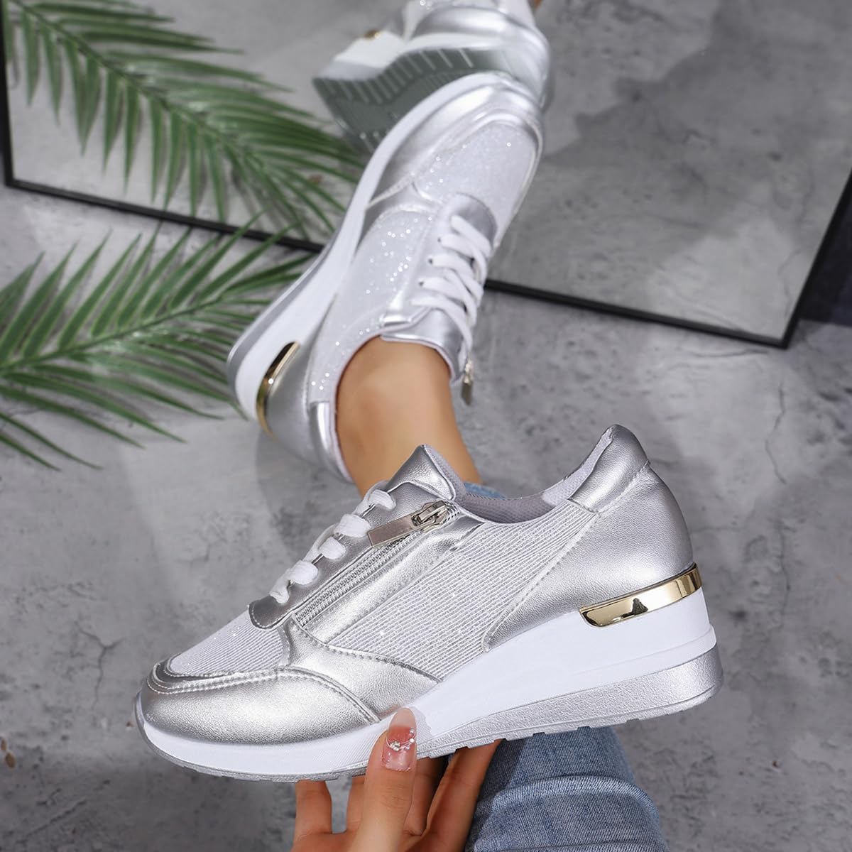 Basket Femme Chaussures à Lacets Sneakers Wedge Basket Compensées Chaussures de Marche
