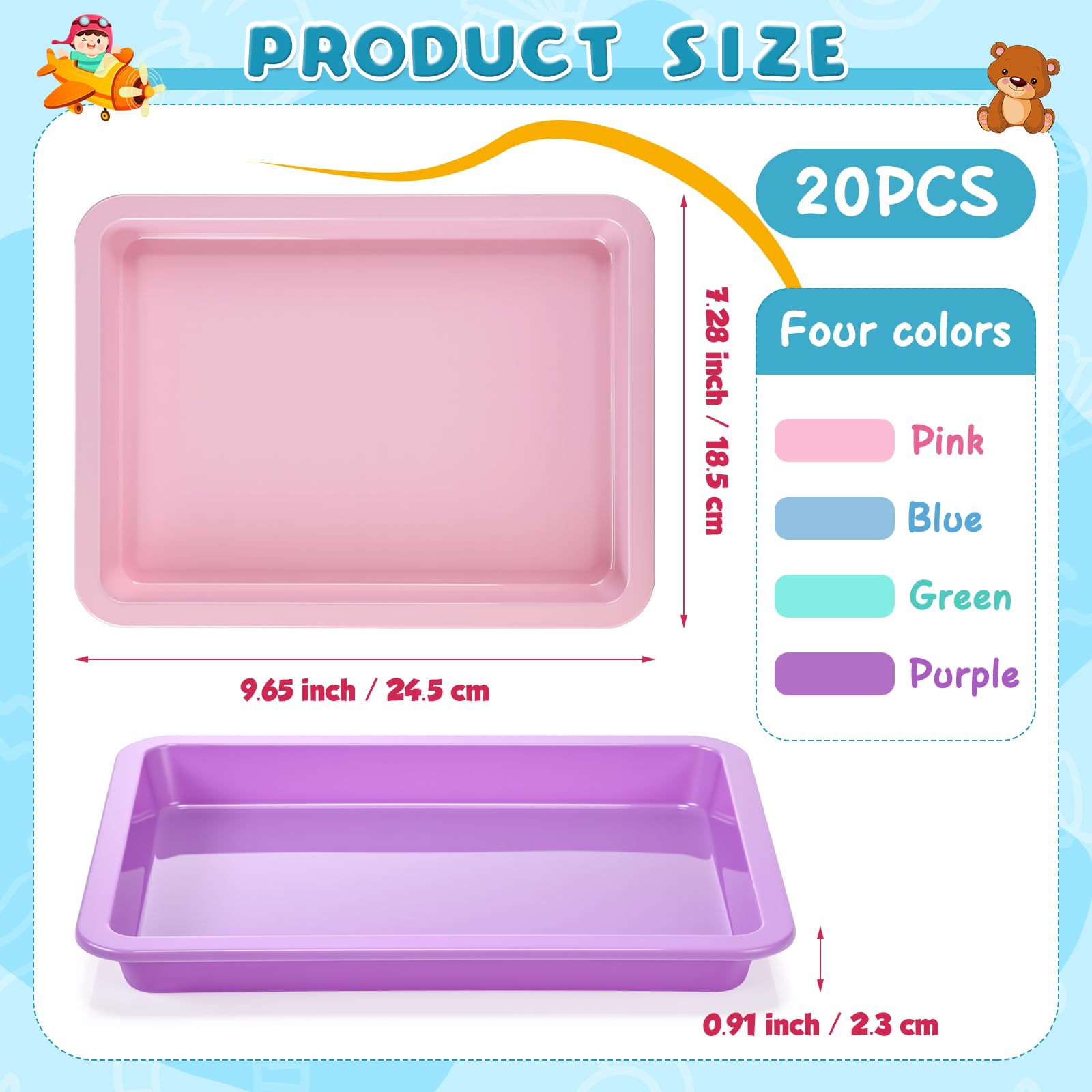 20 Pcs Stackable Plastic Art Trays - 5 Colors, For Paint Mixing, Craft Organization, Sensory Play (9.65" X 7.28")