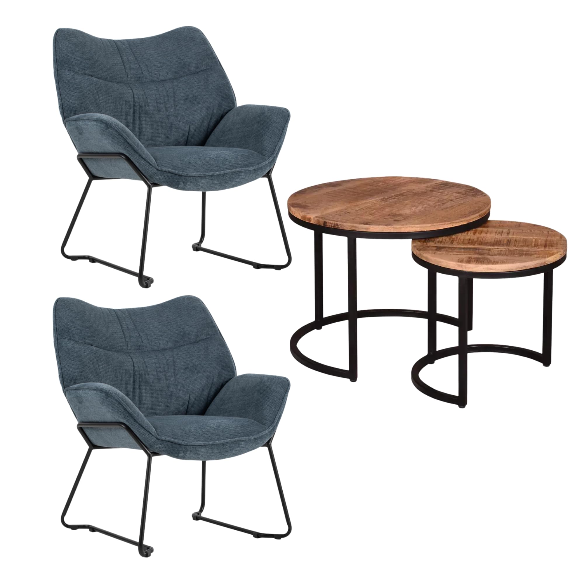 MR. DEKO Wohnzimmer Set Aliano Blau | Sessel-Set 2er mit Armlehnen & Beistelltisch Fermo Mangoholz | Polstersessel Stoff | Lounge-Set Wohnzimmer | Modernes Wohnmöbel-Set |2 Holztische rund