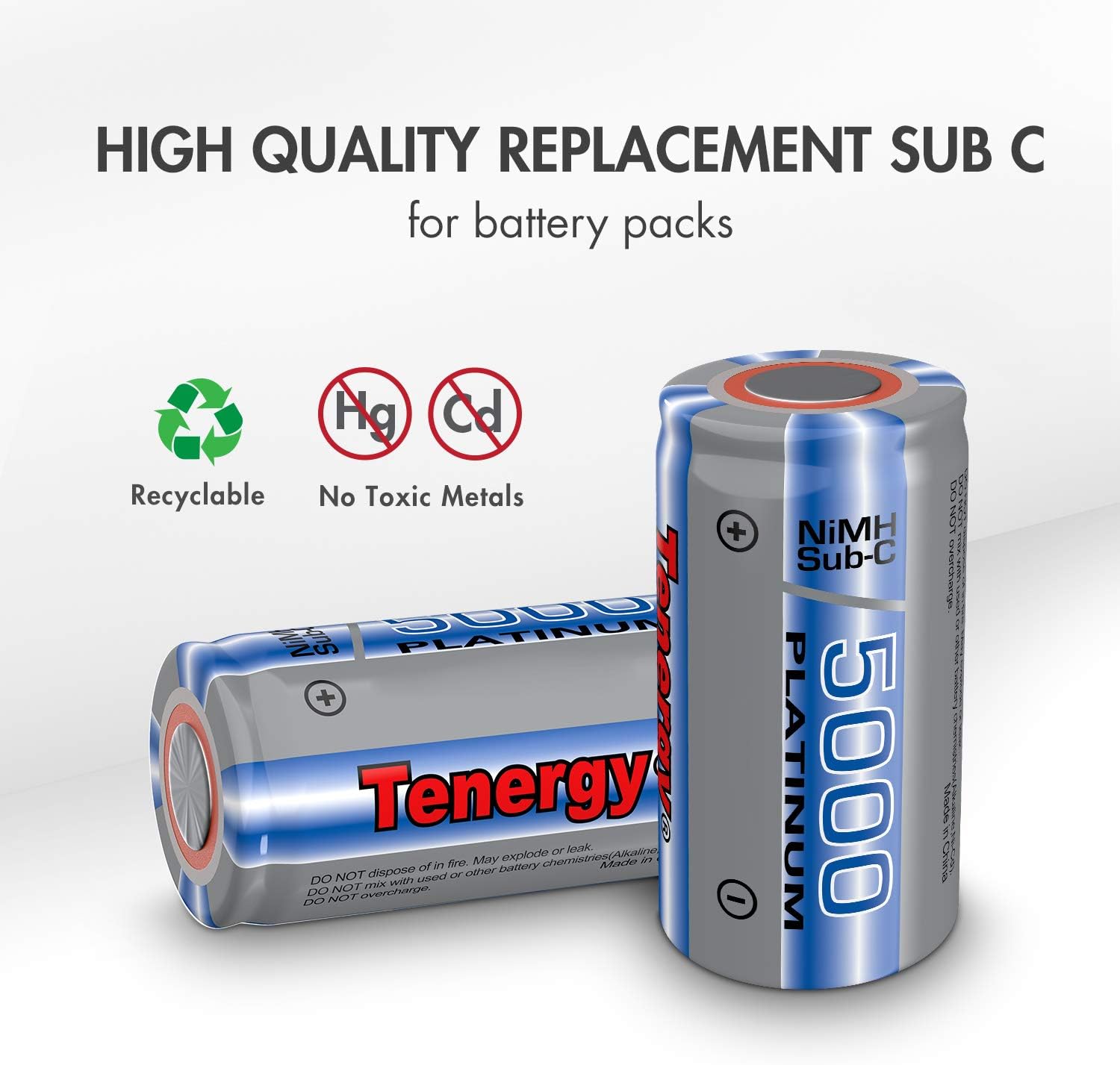 Tenergy NiMH SubC 5000mAh Flat Top Rechargeable Battery (No Tabs) - 10 Pack