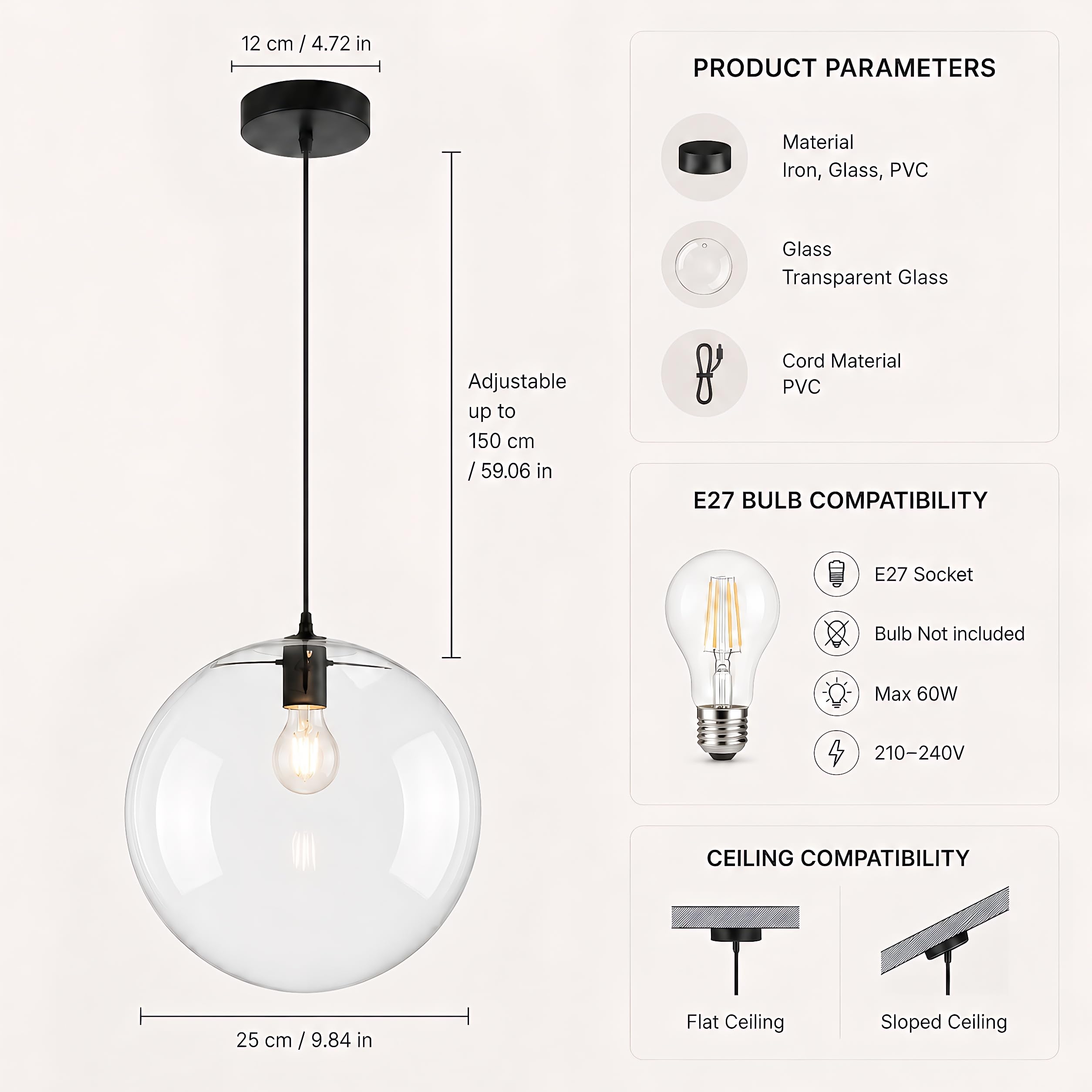 Suspension en Verre Moderne Minimaliste Lampe Suspendue E27 avec Globe en Verre Douille Noire Câble Réglable 150 cm pour Îlot de Cuisine Salle à Manger Chambre Café (25CM)
