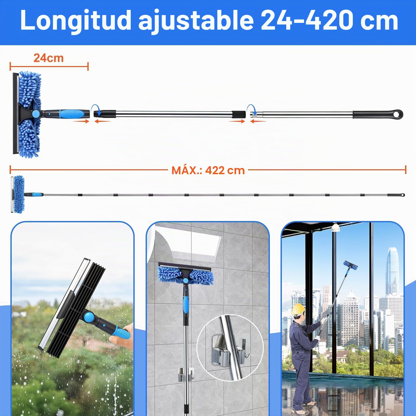 Limpiacristales con Mango Extensible 4.3 M, Limpiador de Ventanas 4 en 1 Limpia Cristales Ventanas, Kit Limpiacristales Telescopico Profesional con Escobilla de Silicona & Paños de Microfibra