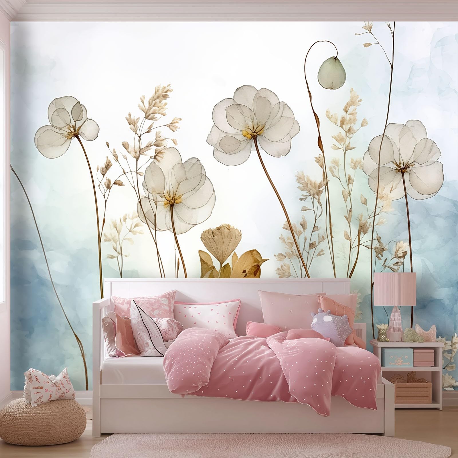 Vliestapete 350 x 256 cm für Wanddekoration - Aquarell Pflanzen Trockenblumen Tapeten für Wohnzimmer Kinderzimmer TV Hintergrund, Hellblau Modedesign Fototapete
