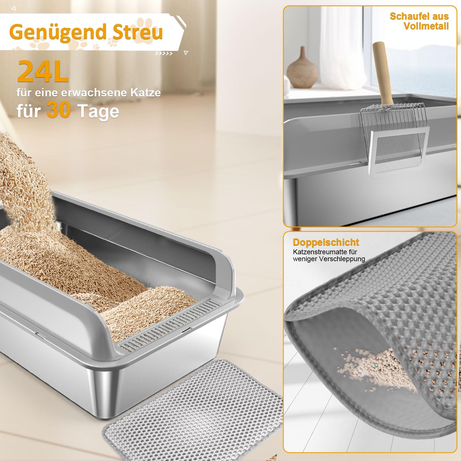 BNOSDM Katzentoilette Aus Edelstahl, 45x35x15 Cm – Geruchskontrollierend & Leicht Zu Reinigen