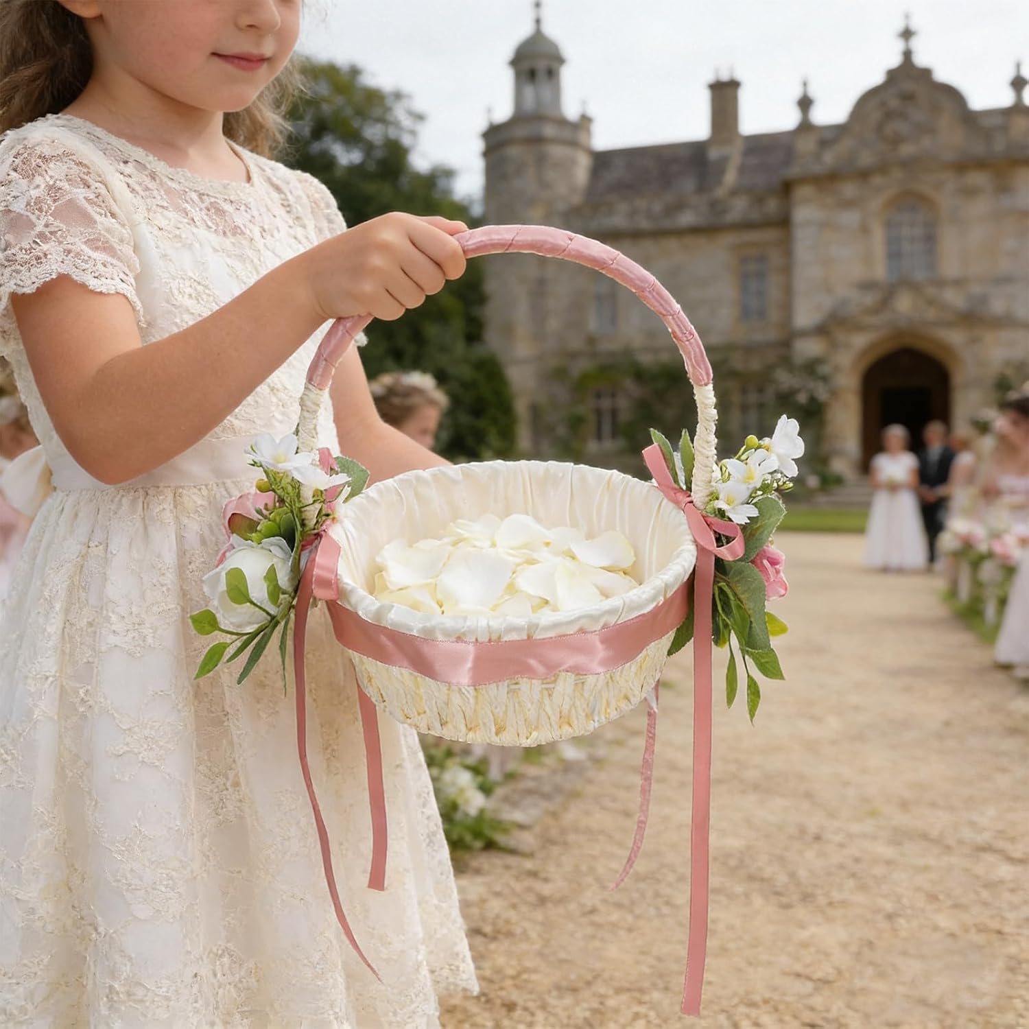 Romantic Wedding Flower Girl Basket with Handle and Liner, Small Pink Cloth and Ribbon Petal Basket for Wedding Ceremony and Outdoor Party Supplies
