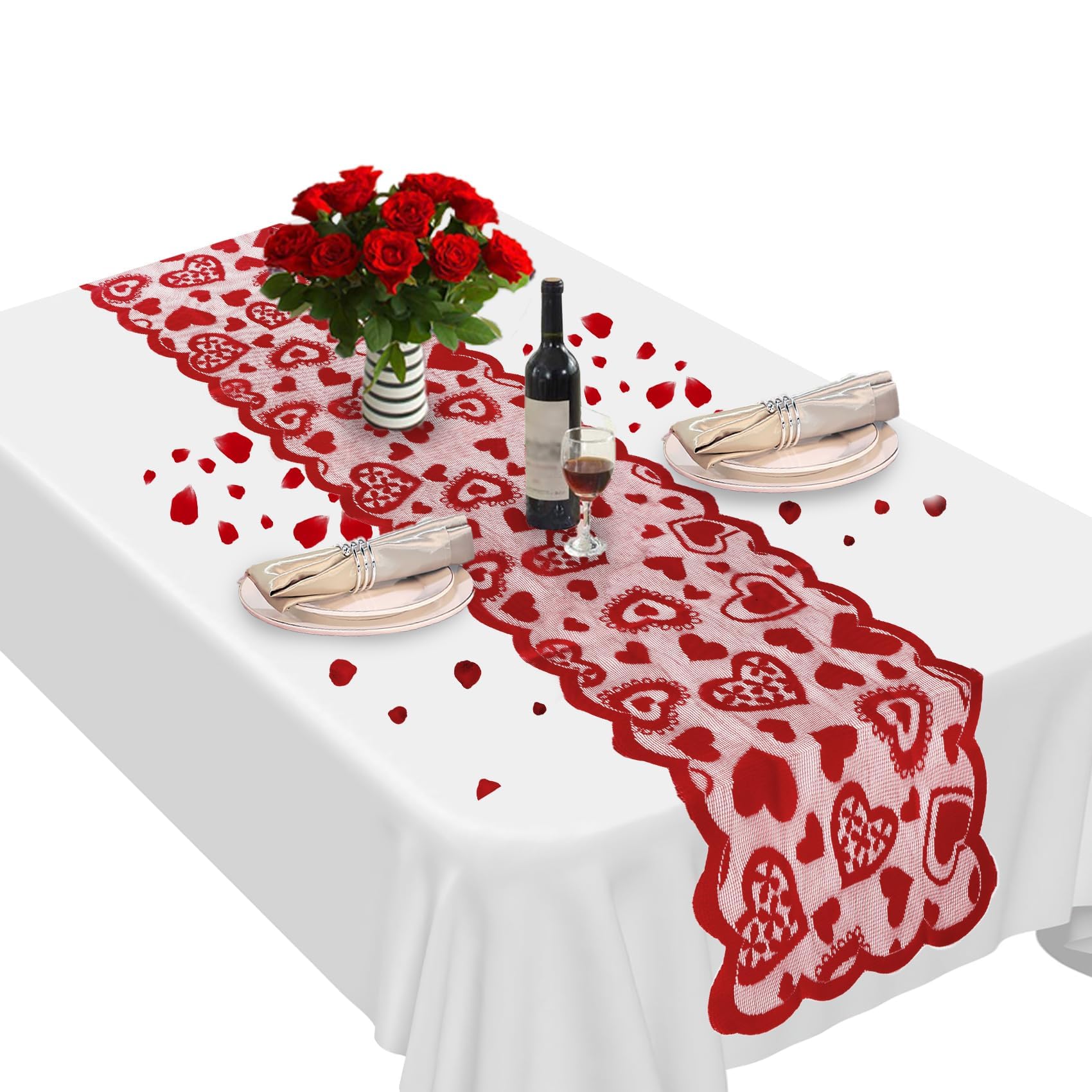 Camino de mesa de San Valentín, mantel de mesa rojo, manteles individuales de San Valentín, decoración de camino de mesa de San Valentín, decoración de centro de mesa de encaje, decoración de cocina,