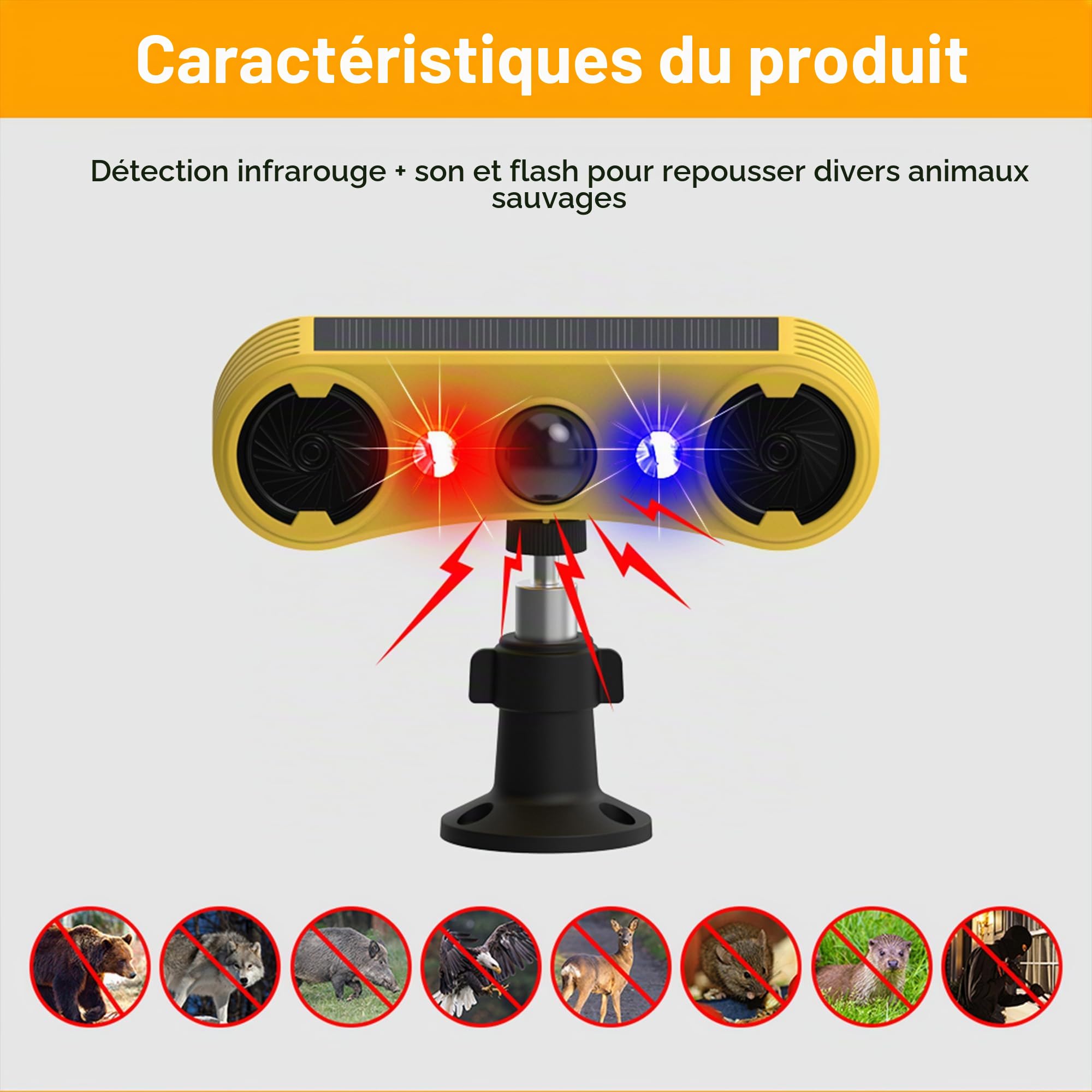 Alarme de détecteur de Mouvement Solaire extérieur - Alarme sonore de Coup de feu d'aboiement de Chien, 2 * 129 DB de Puissance, 4 Modes, lumière Rouge et Bleue (4 Pack)