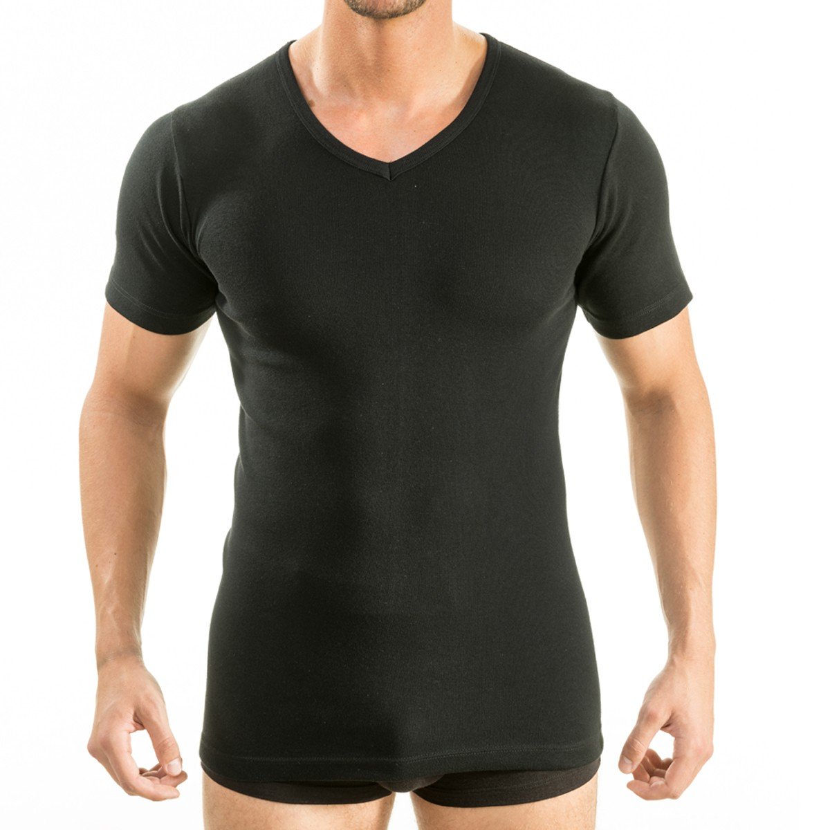 HERMO 4880 Lot de 3 Business Shirt Homme à Manche Courte avec col V, Maillot de Corps Demi-Manche en 100% Coton Biologique
