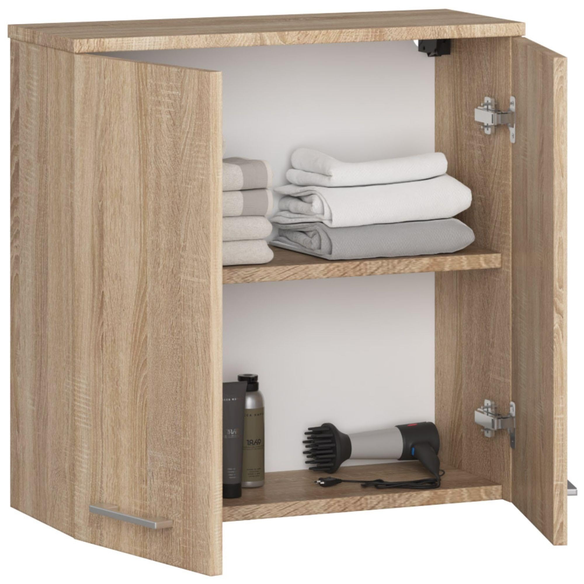 AKORD Meuble Haut WC Suspendu | Fin L60 | 2 Portes | Etagere Murale | Commode Salle de Bain | Armoire | Rangement | Toilette Mural | Placard Cuisine | L60 x H60 x P22,5 cm | 18 kg | Chêne de Sonoma