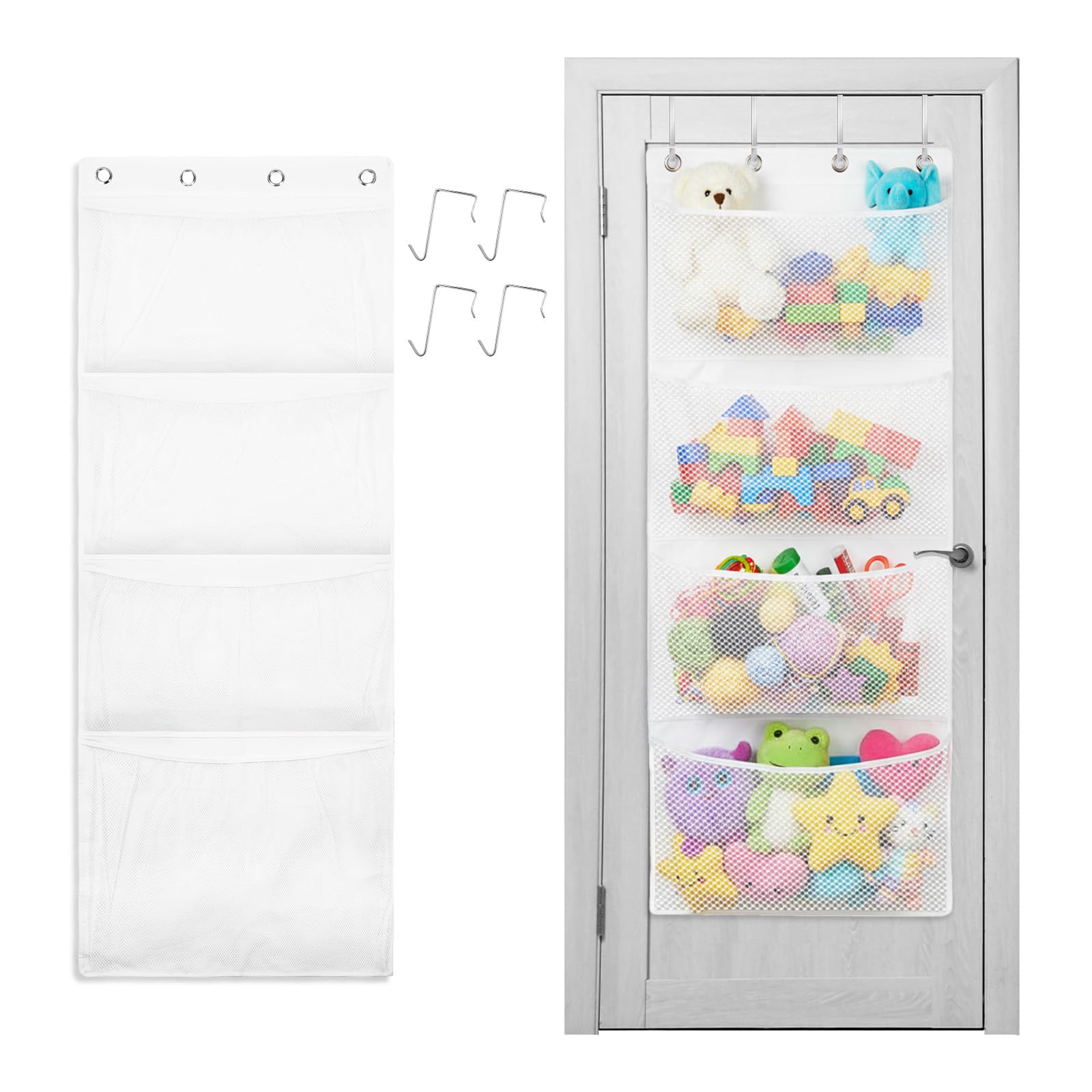 Organizzatore Salvaspazio per Animali di Peluche,Amaca a Rete con Gancio in Metallo–Grande Contenitore da Appendere alla Porta,Ideale per Camera dei Bambini,Camera da Letto,Asilo Nido (Bianco)