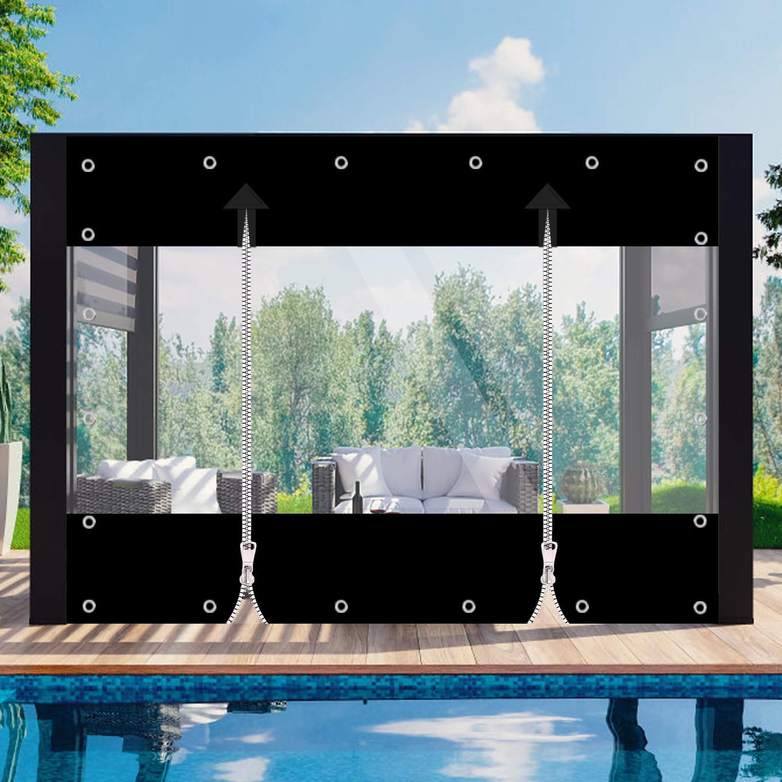 Heavy Duty Waterproof PVC Transparent Tarpaulin with Double Zip - 420 g/m² Tear-Resistant, Windproof, UV-Resistant Clear Tarp with Eyelets for Outdoor Patio, Porch, Garden, Gazebo (Black, 2.4 * 4.5m) — image 1
