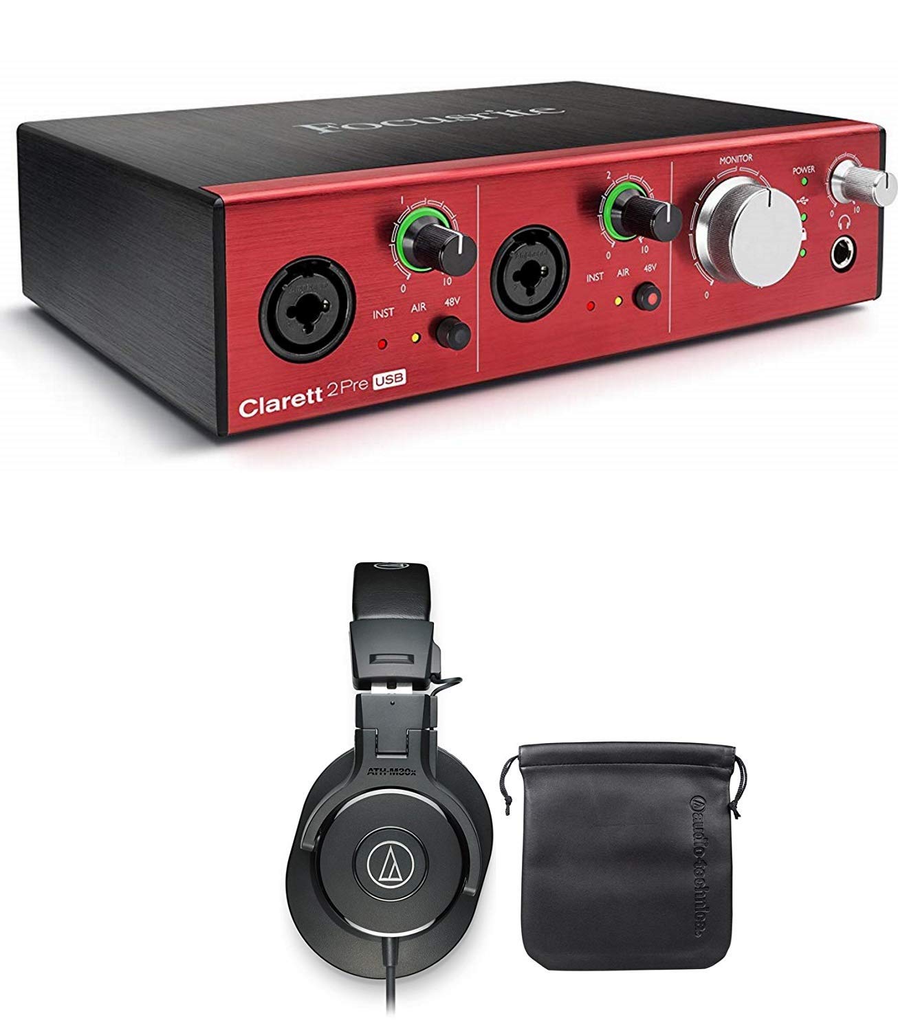 Focusrite CLARETT 2PRE - Interfaccia USB 10-in/4-Out con 2 preamplificatori microfonici Clarett e latenza molto bassa + Audio Technica ATH-M30X Professional Studio Monitor pieghevole cuffie Bundle