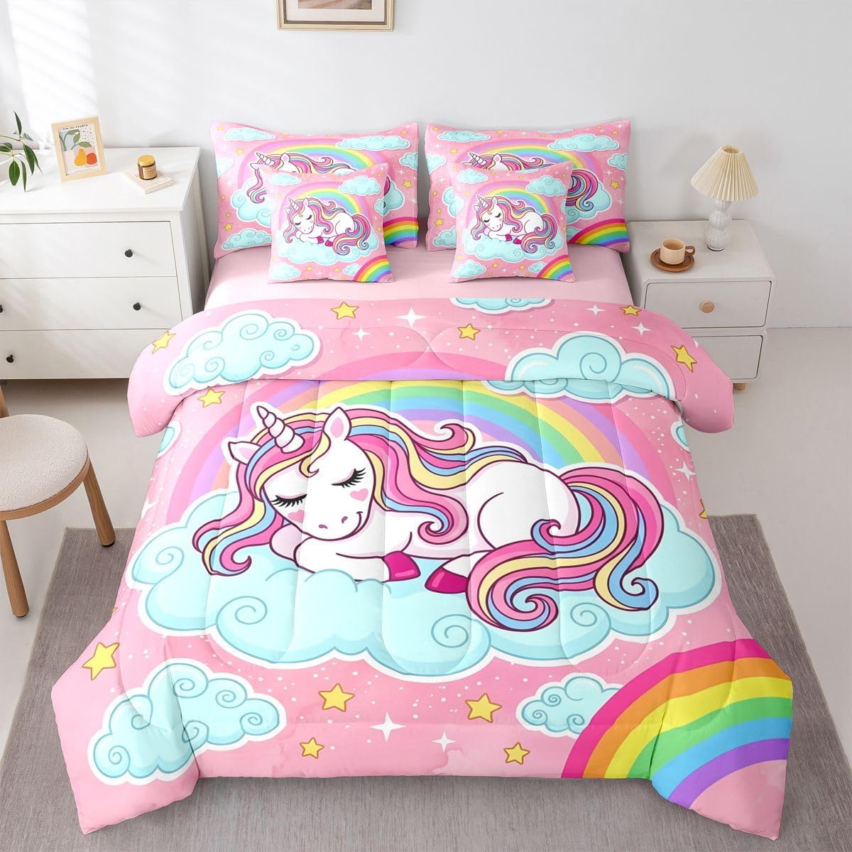 Feelyou Rainbow Unicorn Comforter Set with Sheets Cute Unicorn 7 Piece Bedding Set for Kids Girls Cartoon Unicorn Bed in a Bag 7 Piece Bedding Set with 1 Pillowcase