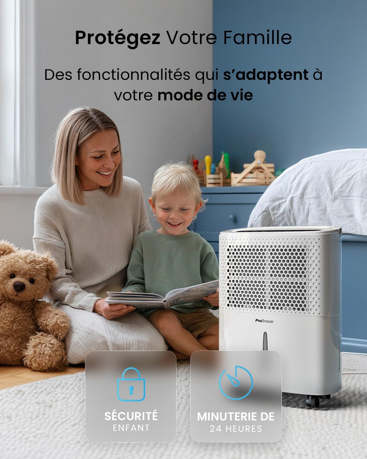 Pro Breeze Déshumidificateur d'Air Silencieux 12L/Jour - Absorbeur d'Humidité - 40 dB, Réservoir 1,8L, Drainage Continu, Minuterie 24h, 3 Modes- Idéal Contre l'Humidité & Moisissure
