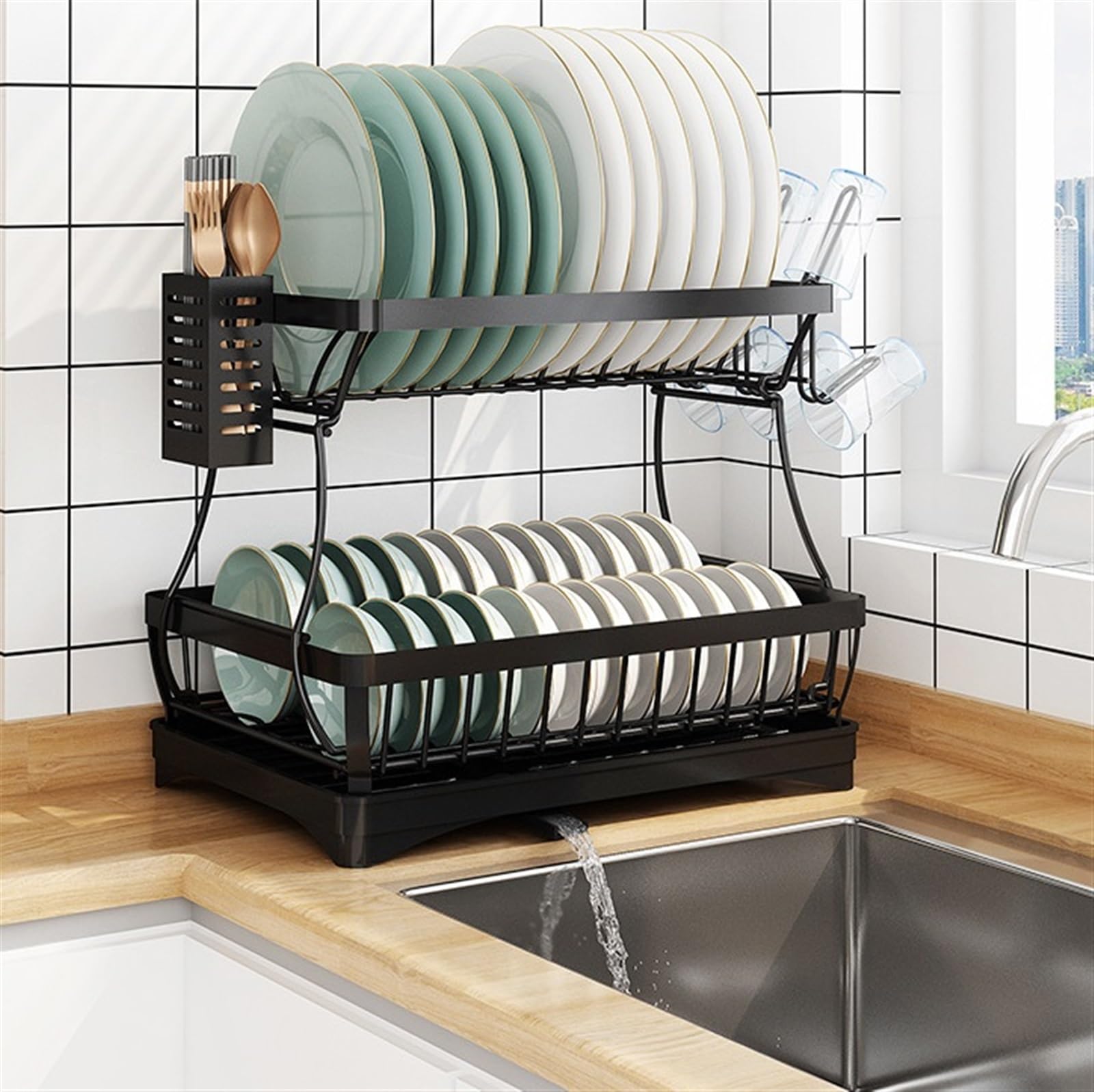 Colector de Cubiertos Rejilla para Secar Platos De 2 Niveles, De Acero Inoxidable, para Organizar La Encimera De La Cocina Escurreplatos Firme