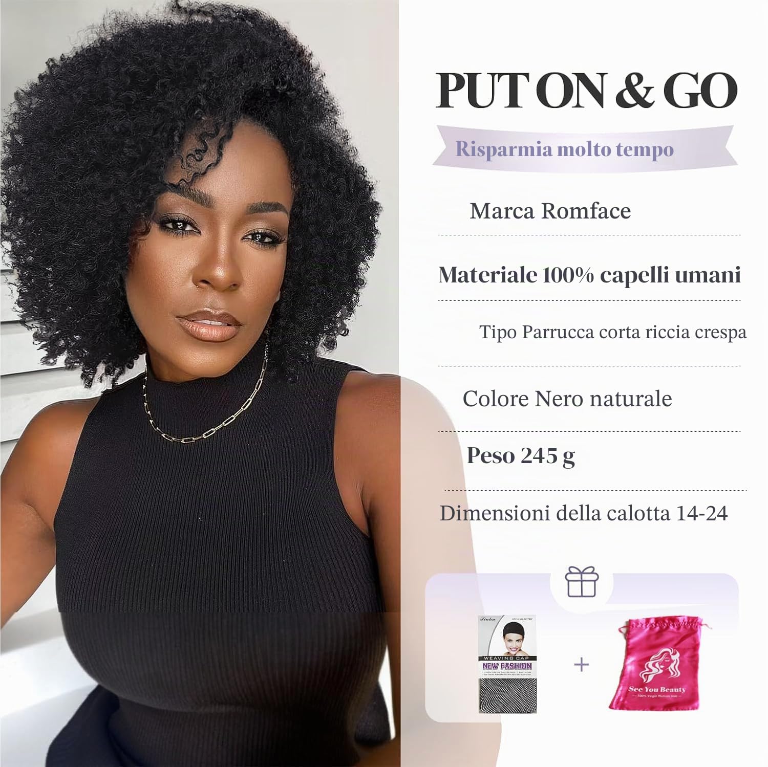 Parrucca Capelli Umani Afro Kinky Curly Human Hair Wig Parrucca Riccia Parrucca Donna Capelli Veri umani Glueless Pre Plucked 180% Density Natural Color 14 inch Afro wig