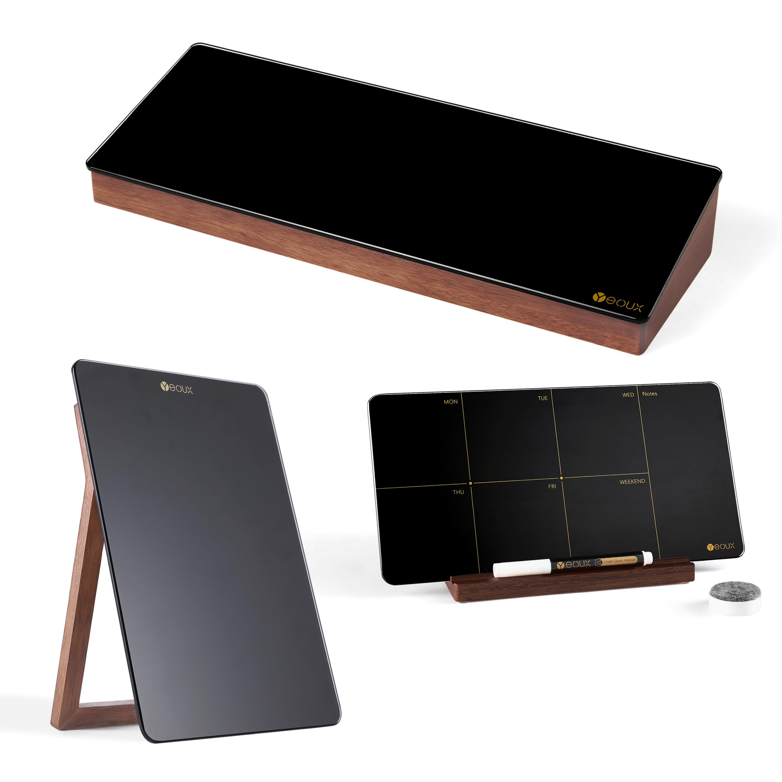 Yeoux Office Essential - Desktop Black Glass Whiteboard and Calendar Combination