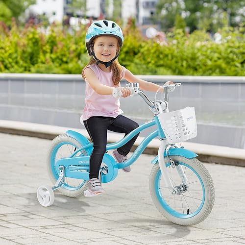 Miniatura 7 de HONEY JOY Bicicleta para niños, 12, 14, 16, 18 pulgadas, con ruedas de entrenamiento, freno de mano y freno de posavasos, cadena totalmente cerrada,