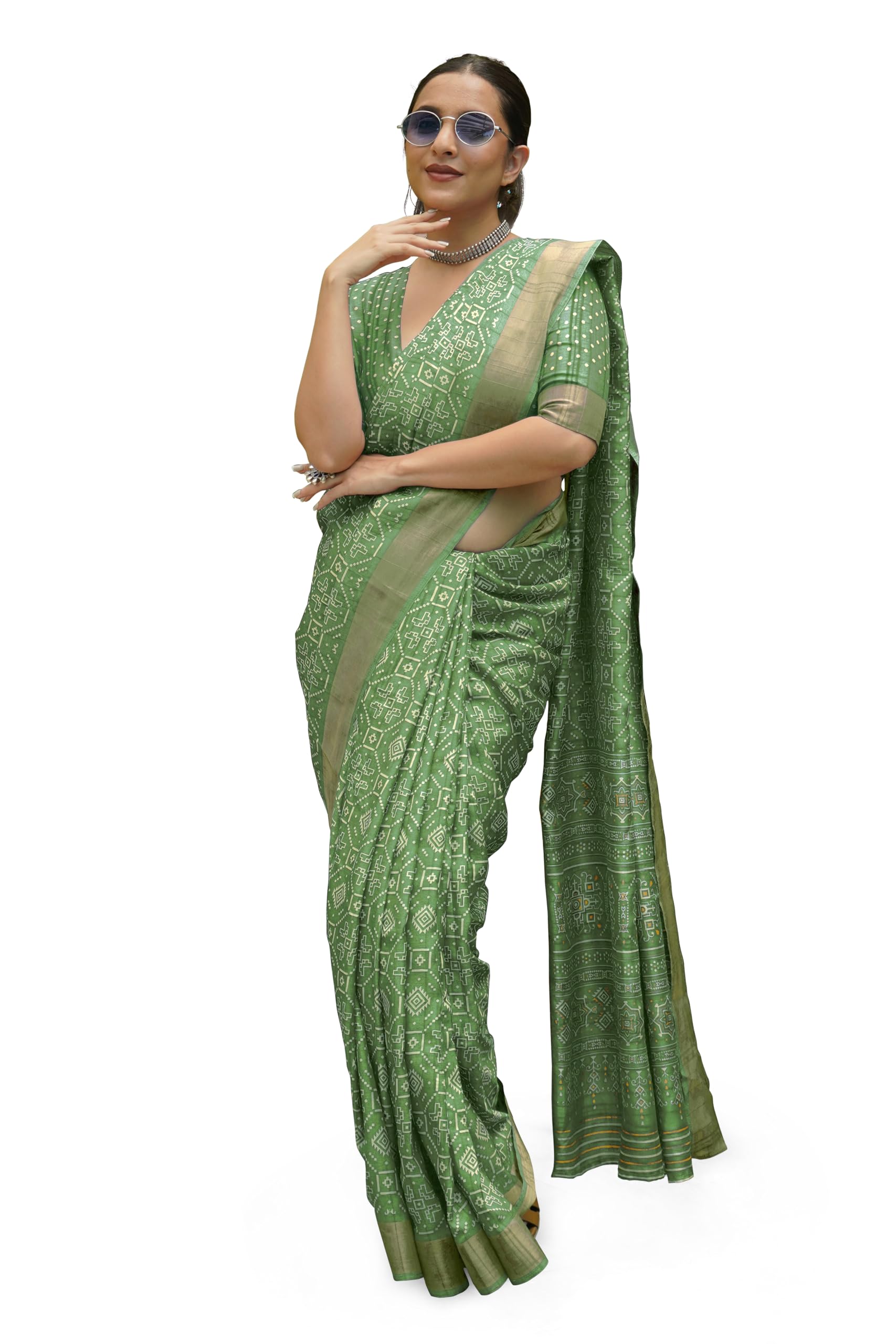 mirchi fashion Pre-Draped 1 Minute Drape Silk Blend Saree with Mobile Pocket || Aztec Geometric Printed Saree || Stylish Saree for Special Occasions-picture-10