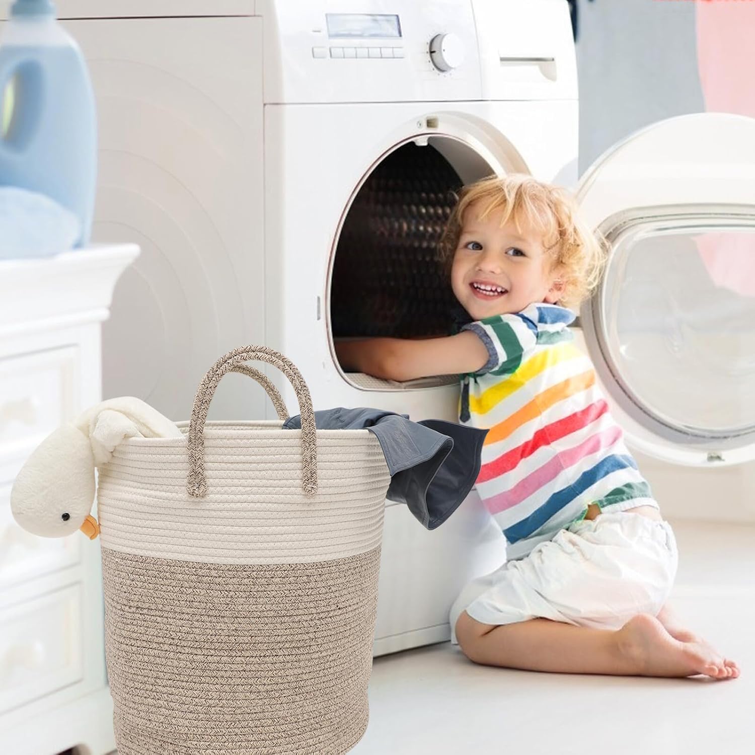 Cotton Rope Laundry Basket 38cm X 45cm Woven Dirty Clothes Hamper with Handles Household Quilt Storage Organizer for Bathroom and Bedroom