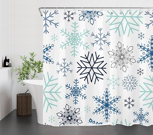 Miniatura 3 de LB Blue Green Snowflake Shower Curtain for Bathroom, Farmhouse Christmas Holiday Winter Fabric Shower Curtain with Hooks, New Year Modern Abstract