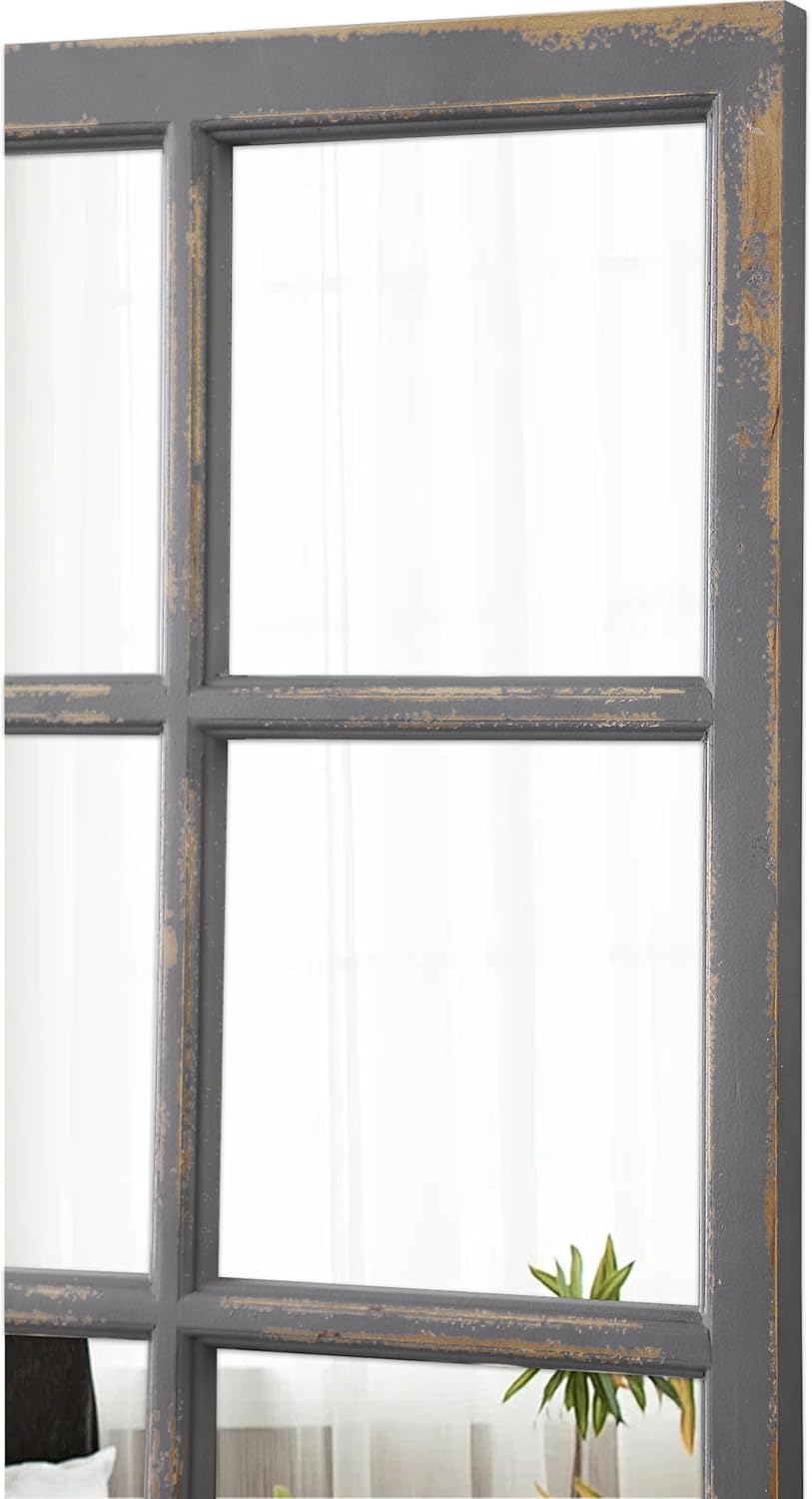 Farmhouse Windowpane Mirror 36 X 24 Inch, Hanging Distressed Wood Frame Rectangle Grey Mirror, Rustic Gray Window Mirrors for Wall Decor Living Room Hallway Kitchen, Horizontal or Vertical