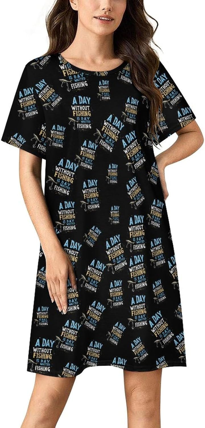 Fishing Humor Nightgowns for Women Short Sleeve Sleep Dress Casual Sleepshirt Night Gowns Pajamas